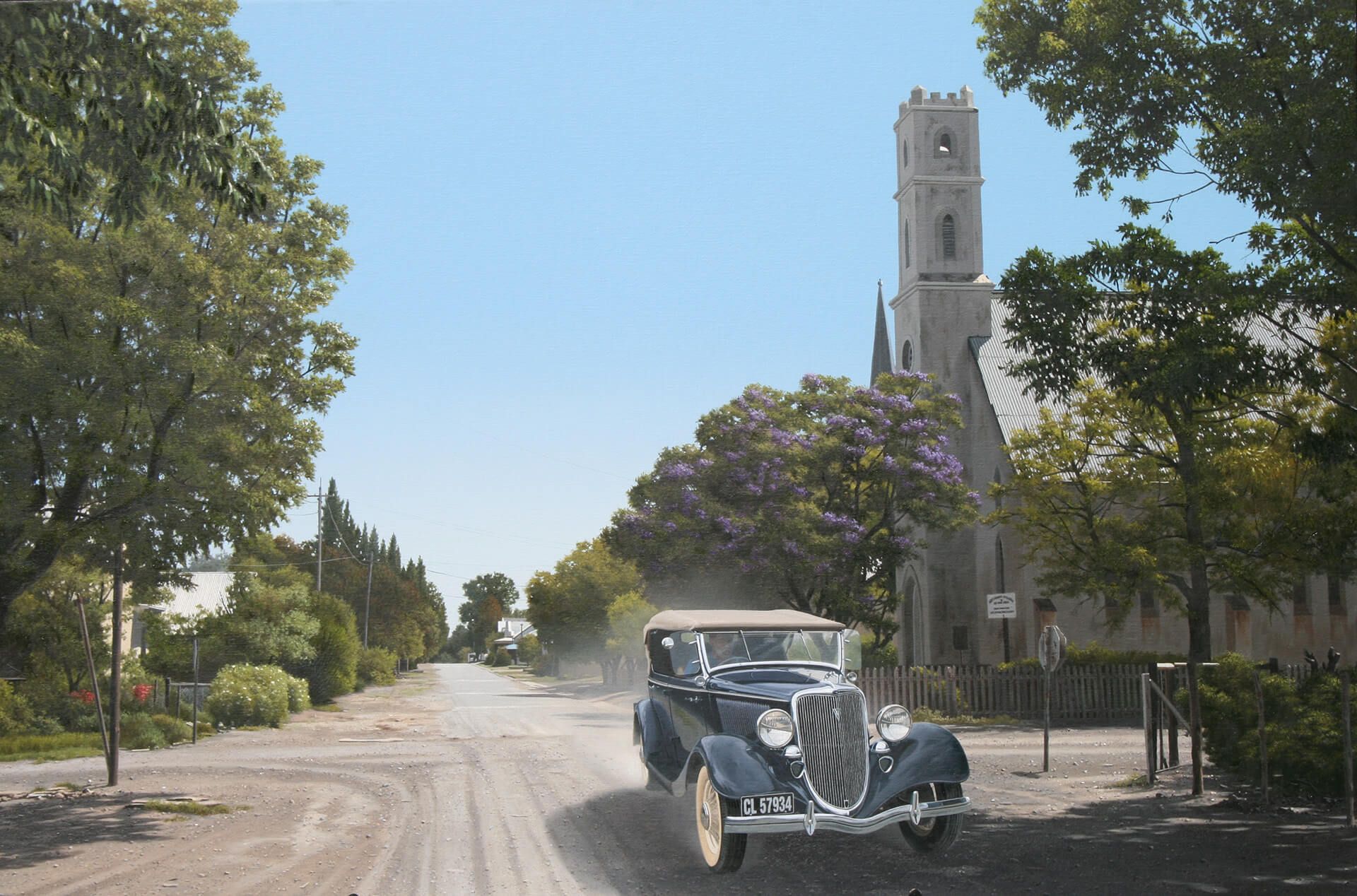 Photorealistic painting of a car driving through Aberdeen