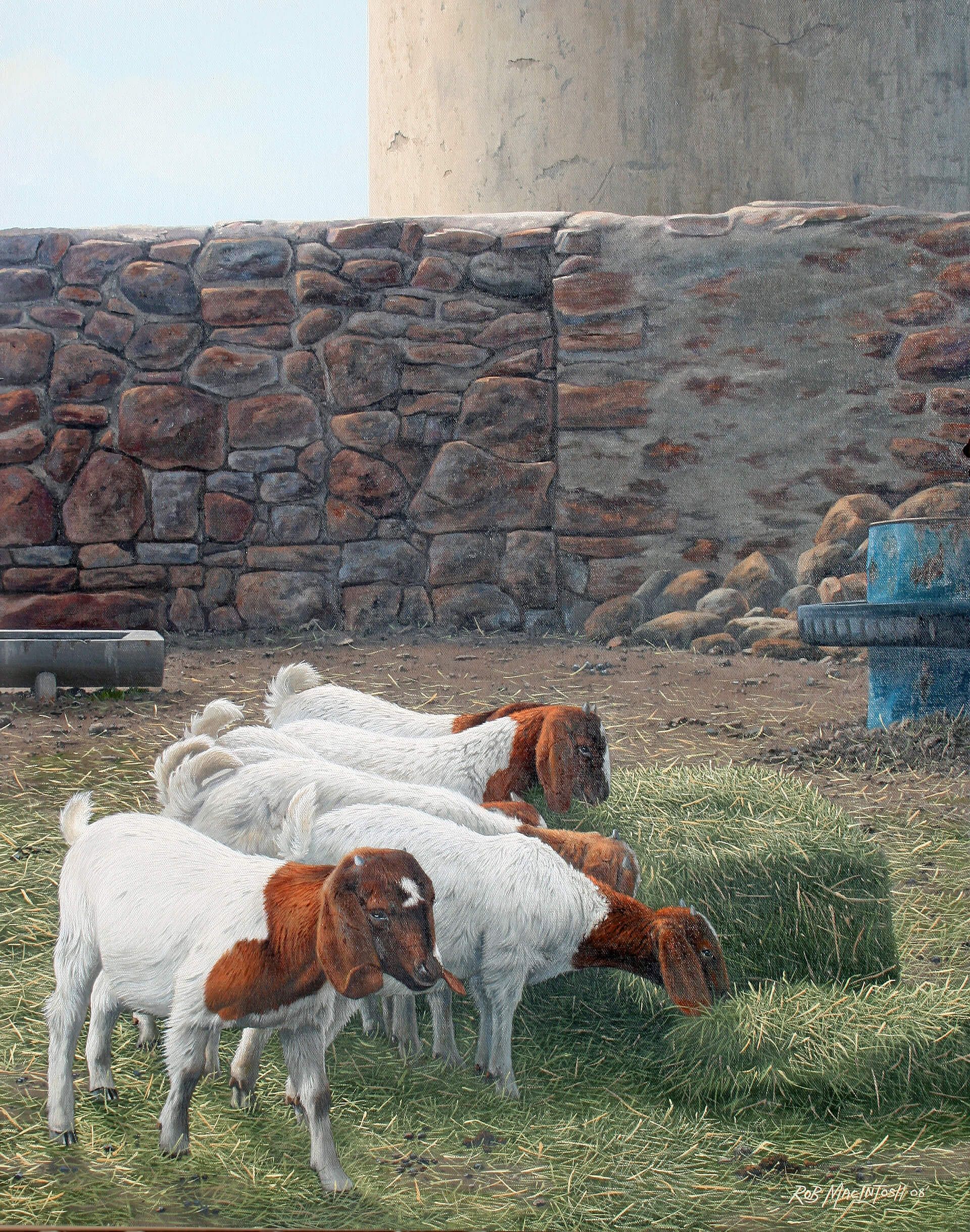 Photorealistic painting of goats feeding