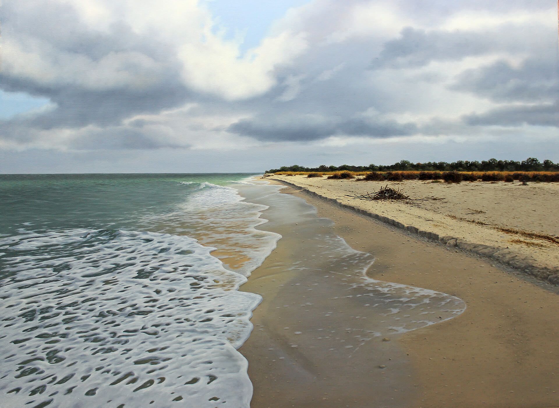 Photorealistic painting of calm waves along a long beach
