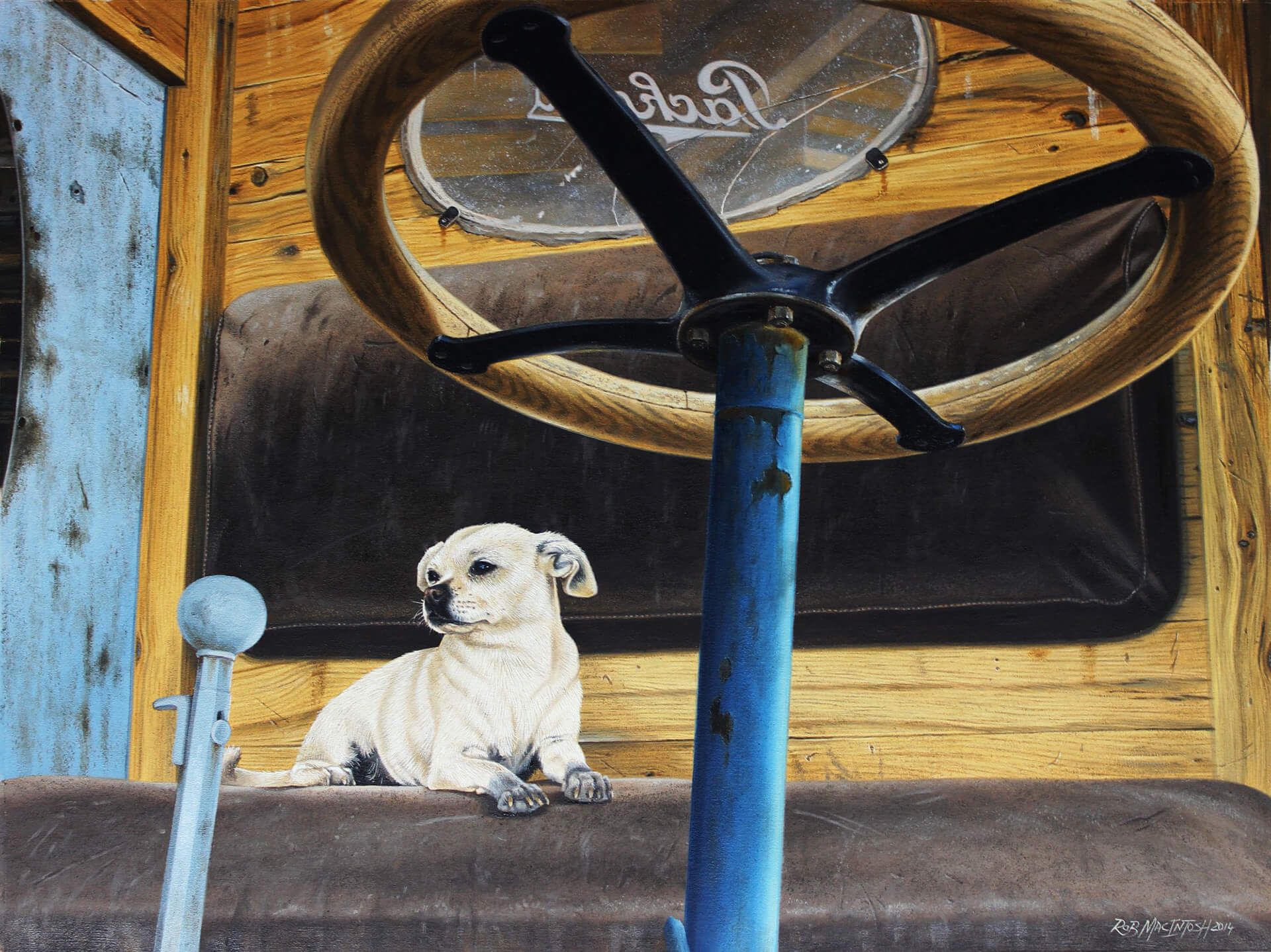 Photorealistic painting of a dog sitting on seat of a tractor