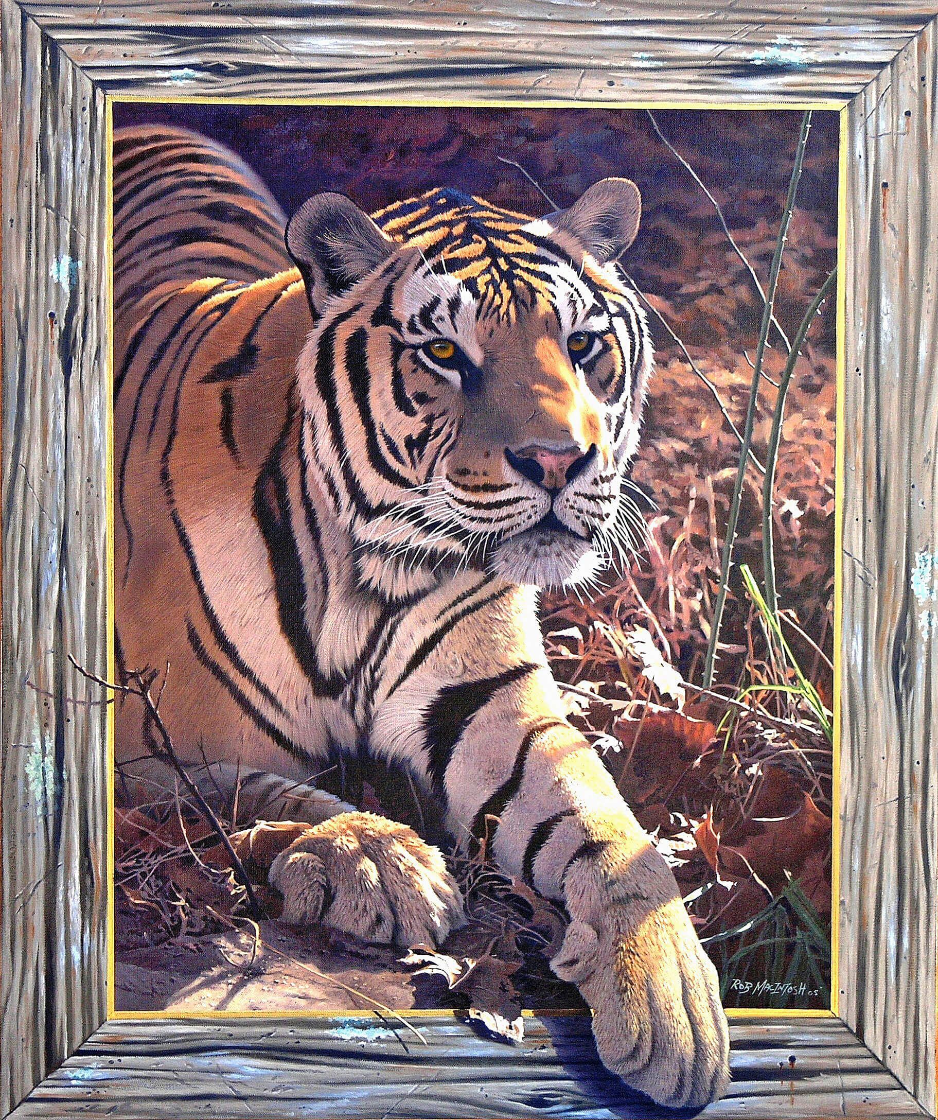 Photorealistic painting of a tiger ready to pounce