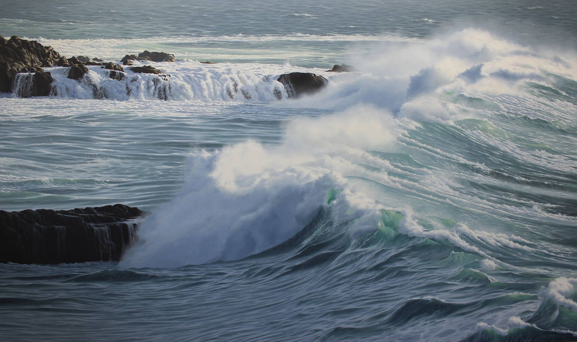 Photorealistic painting of waves crashing on a rocky beach