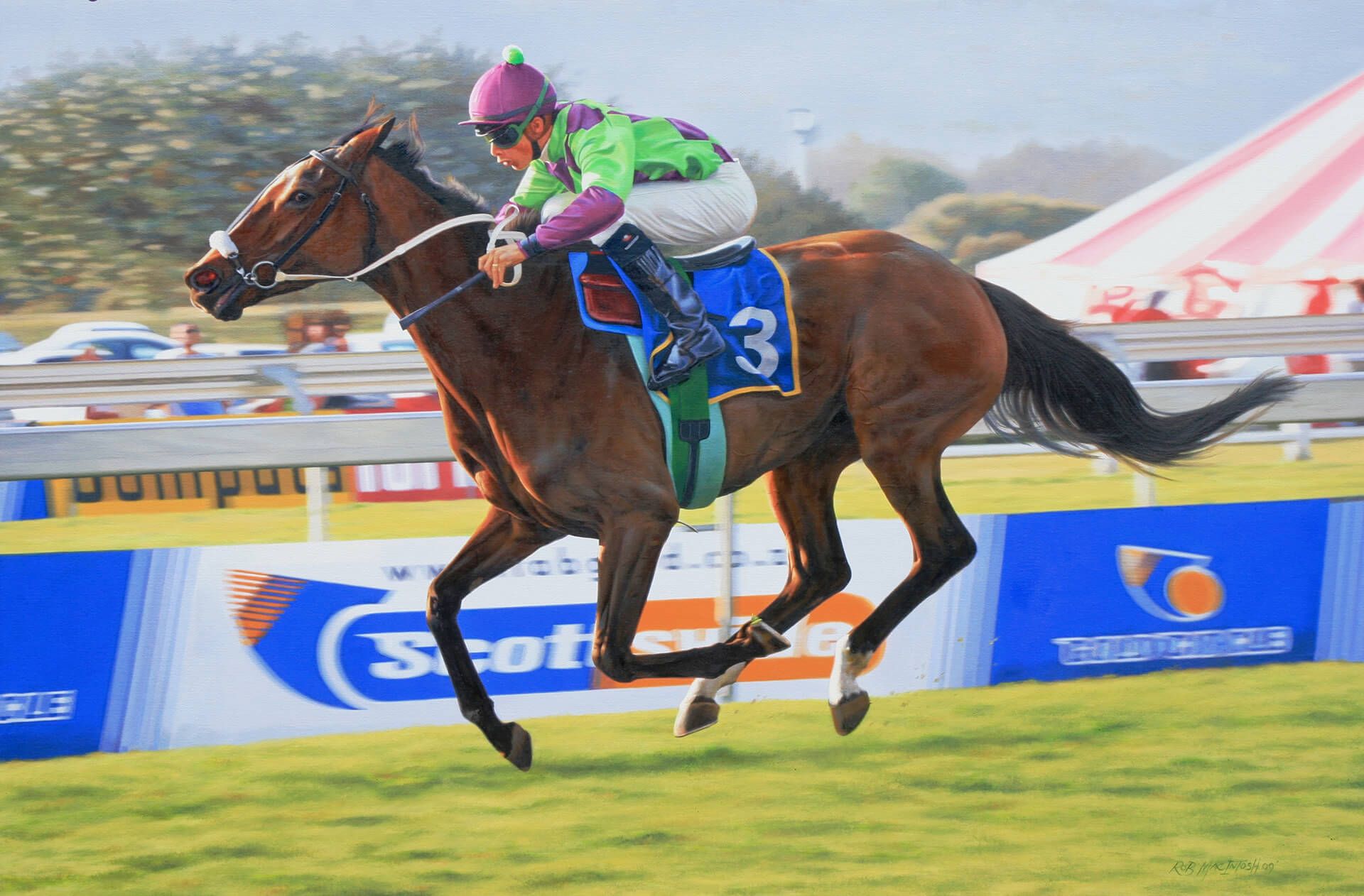 Photorealistic painting of a race horse and jockey