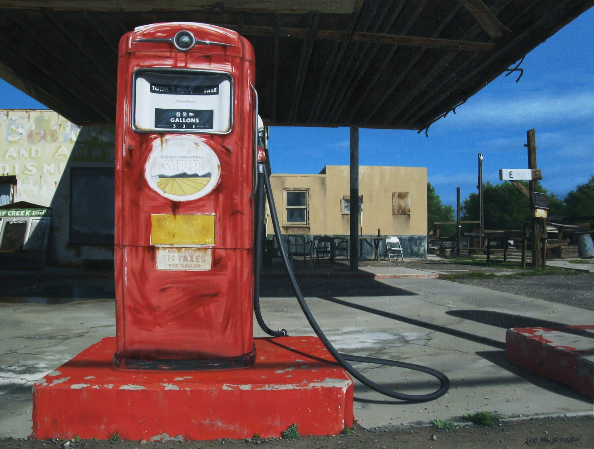 Photorealistic painting of an old self-serve gas pump