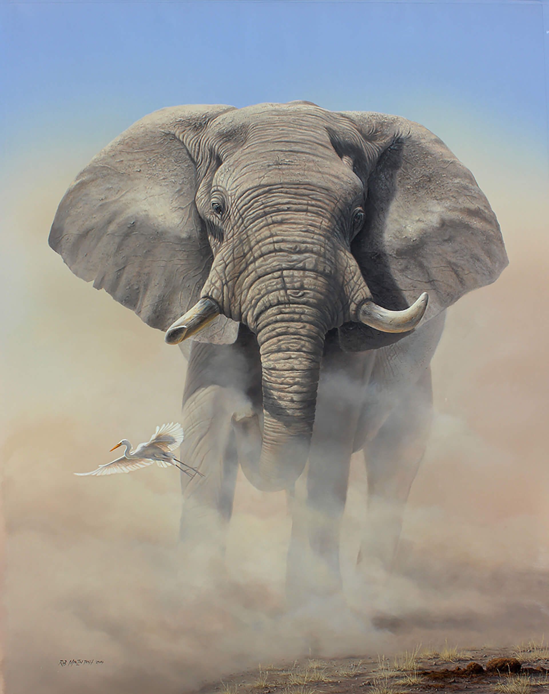 Photorealistic painting of an elephant bull surrounded by dust