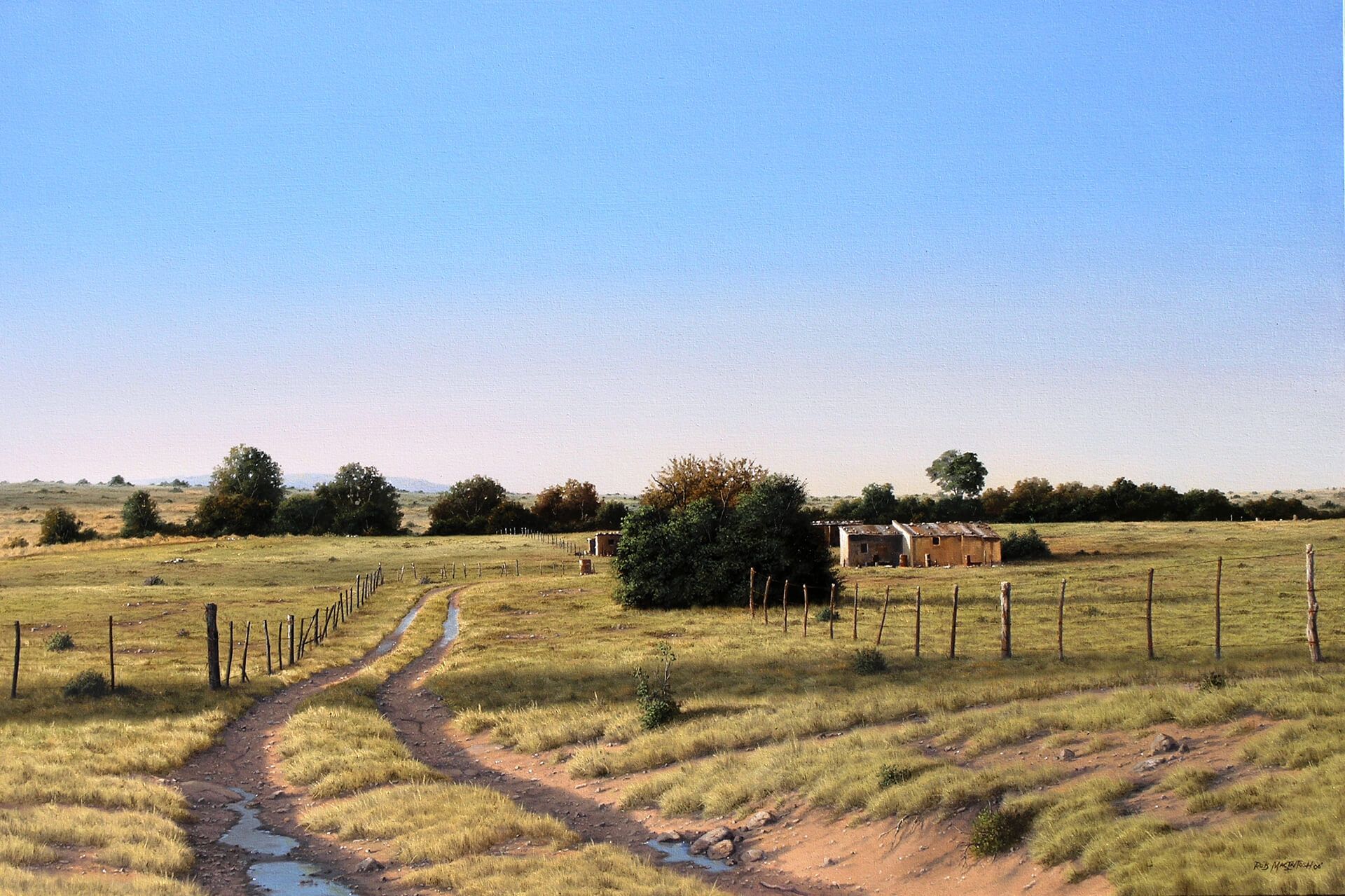 Photorealistic painting of an abandoned ranch