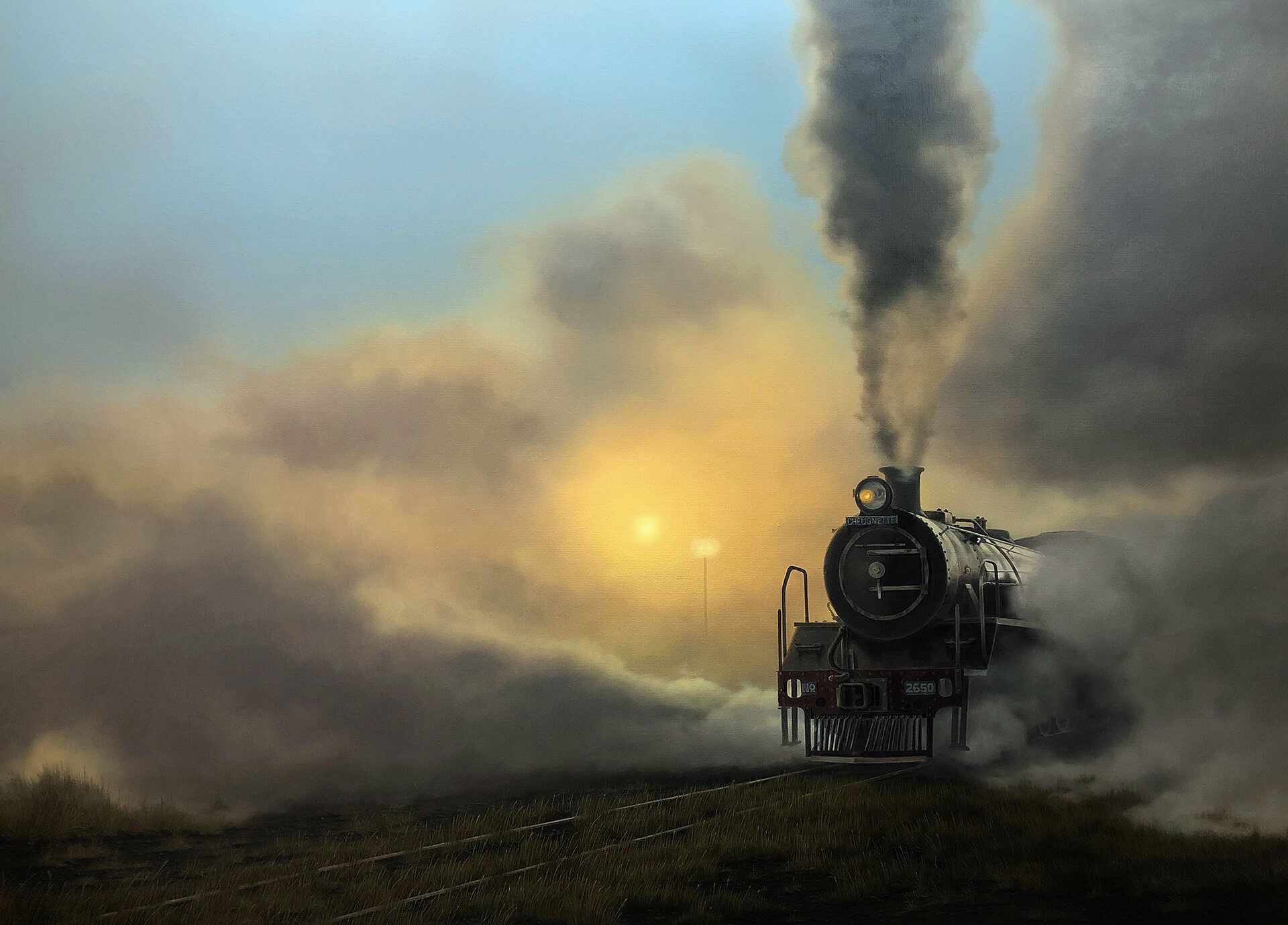 Photorealistic painting of an old steam train
