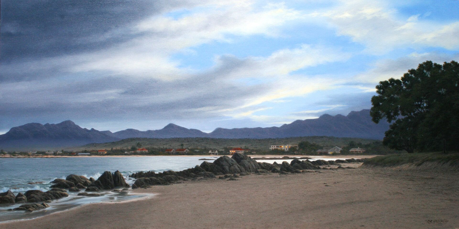 Photorealistic painting of the beach at Gordon's Bay