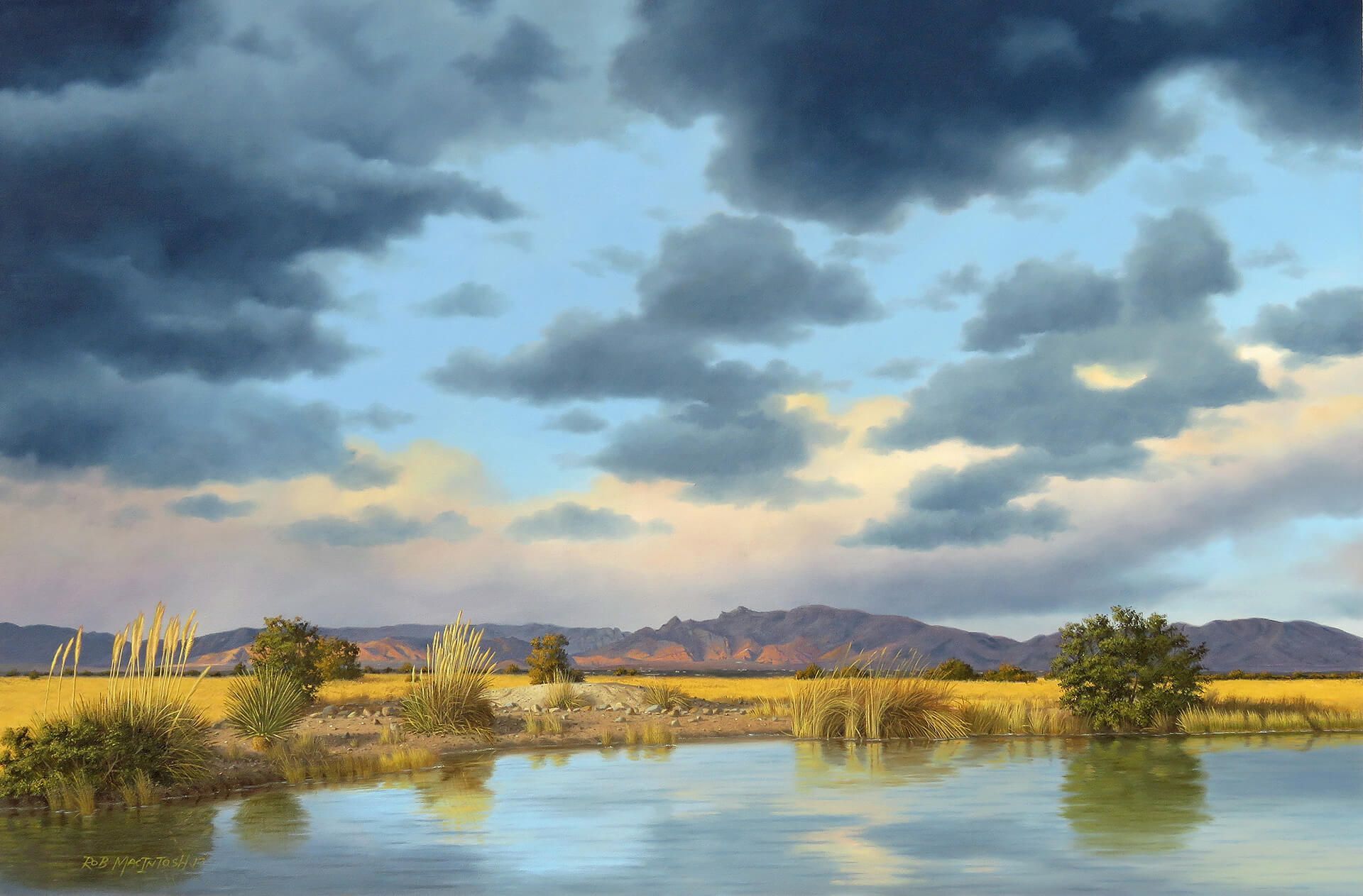 Photorealistic painting of a lake surrounded by a mountain range