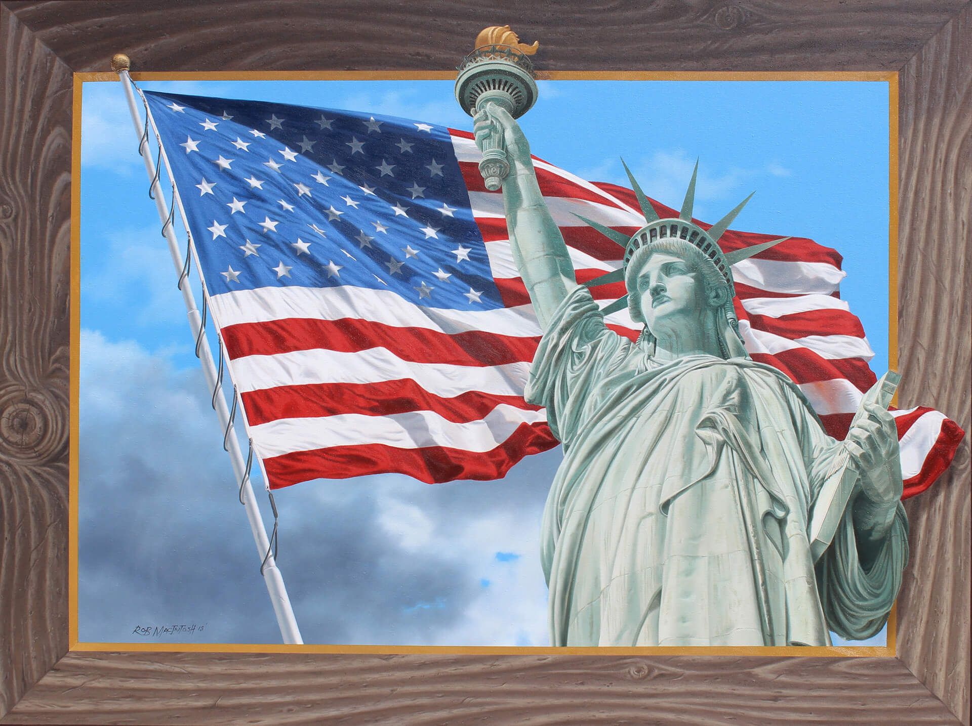 Photorealistic painting of the American flag and the Statue of Liberty