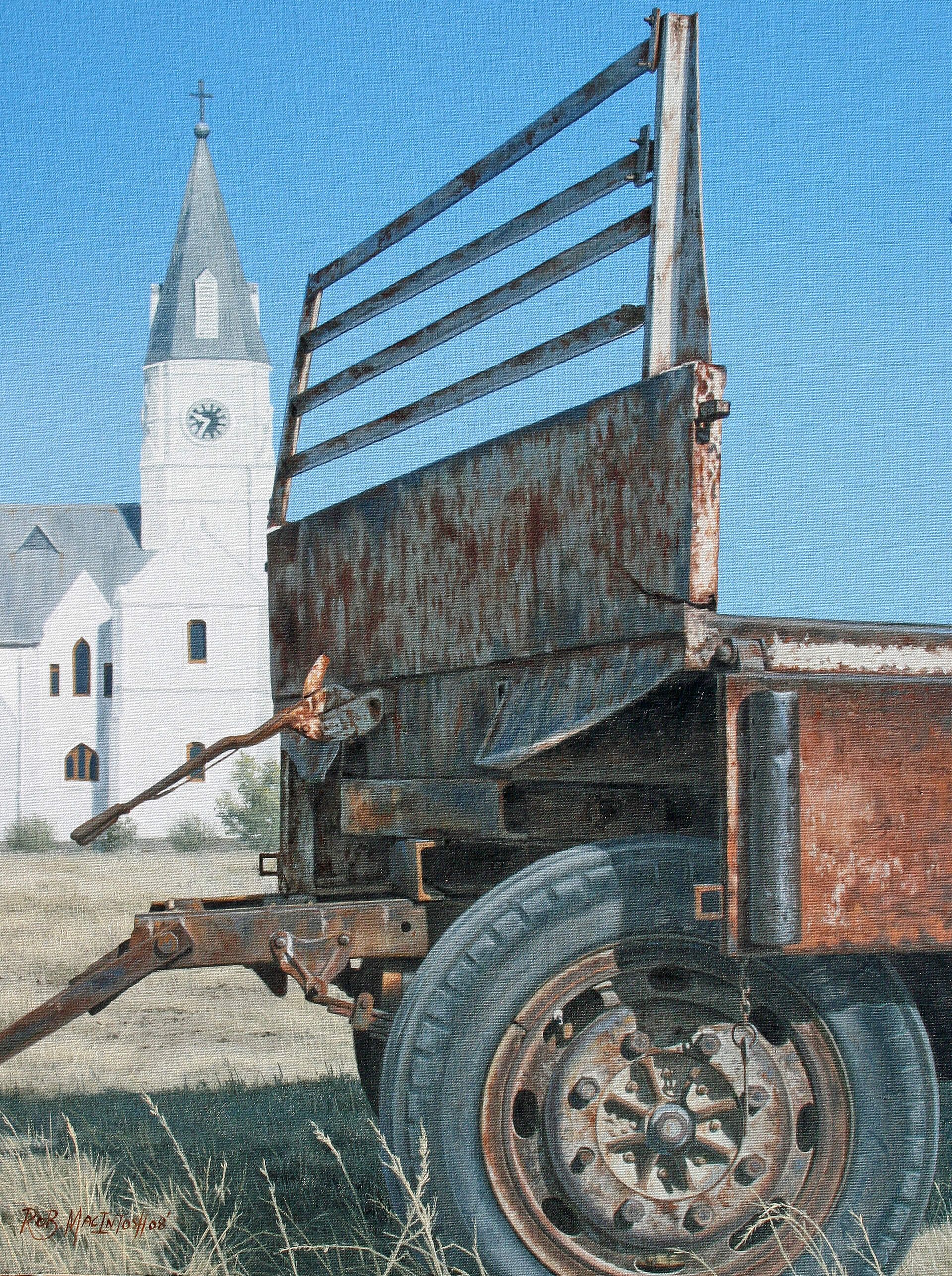Photorealistic painting of a tractor in a field with a church building in the background