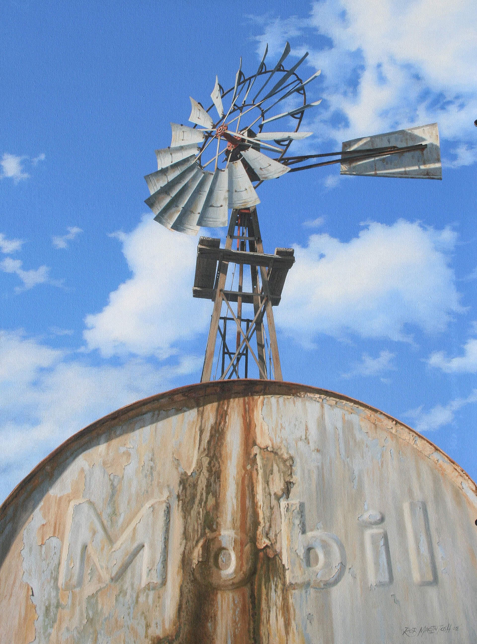 Photorealistic painting of an old windmill against a blue sky