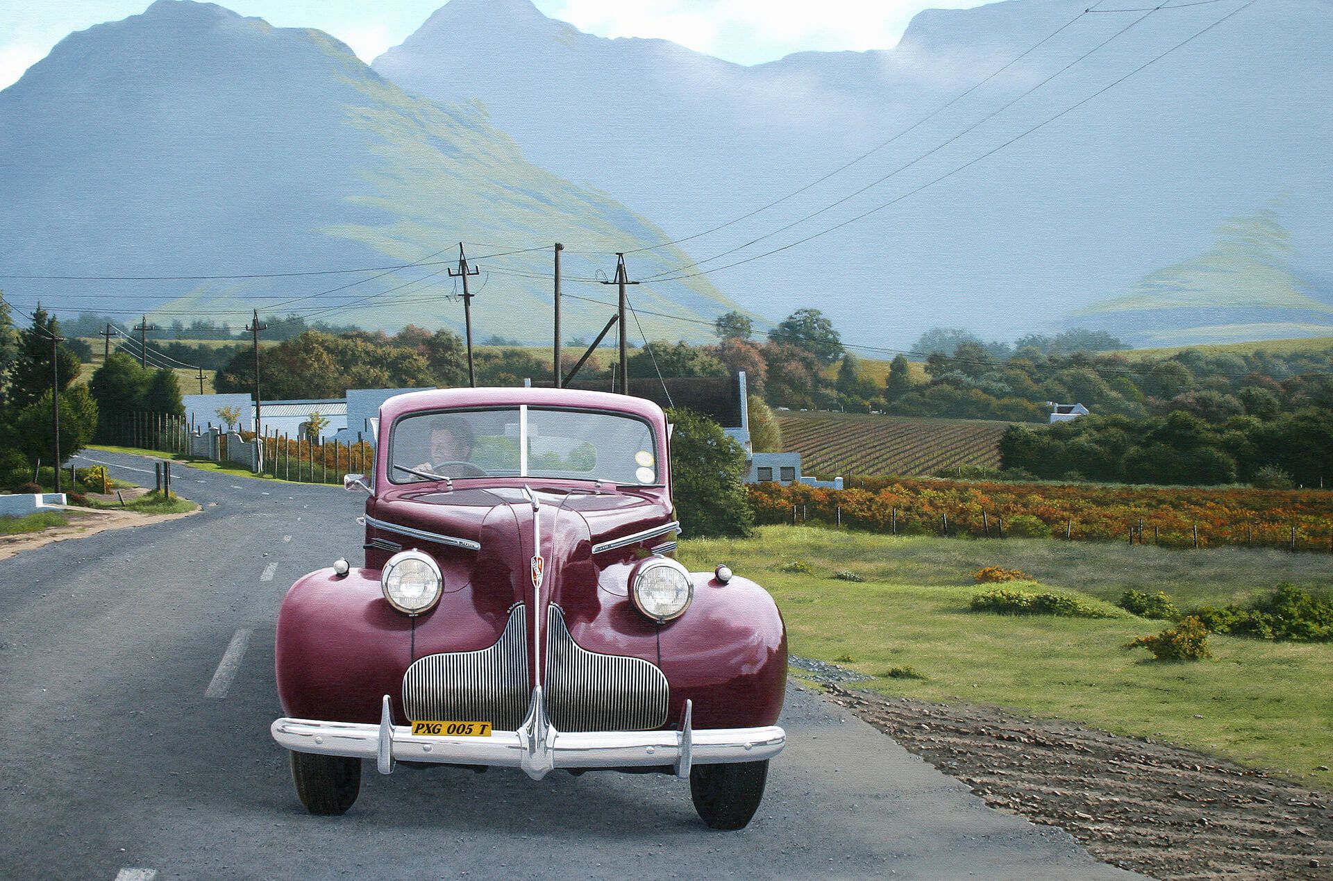 Photorealistic painting of an old car driving through a town in South Africa