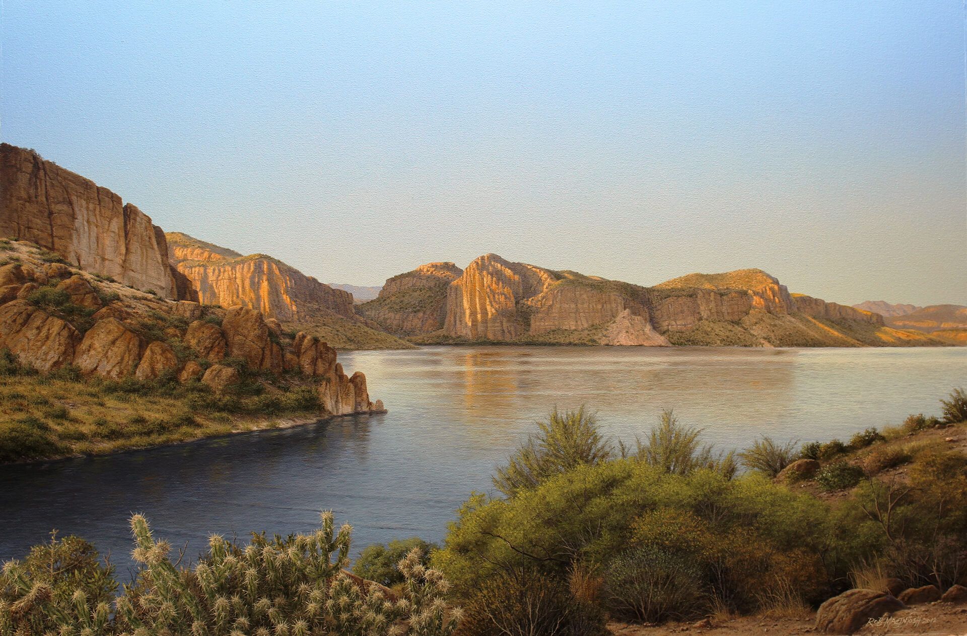 Photorealistic painting of a lake surrounded by canyons