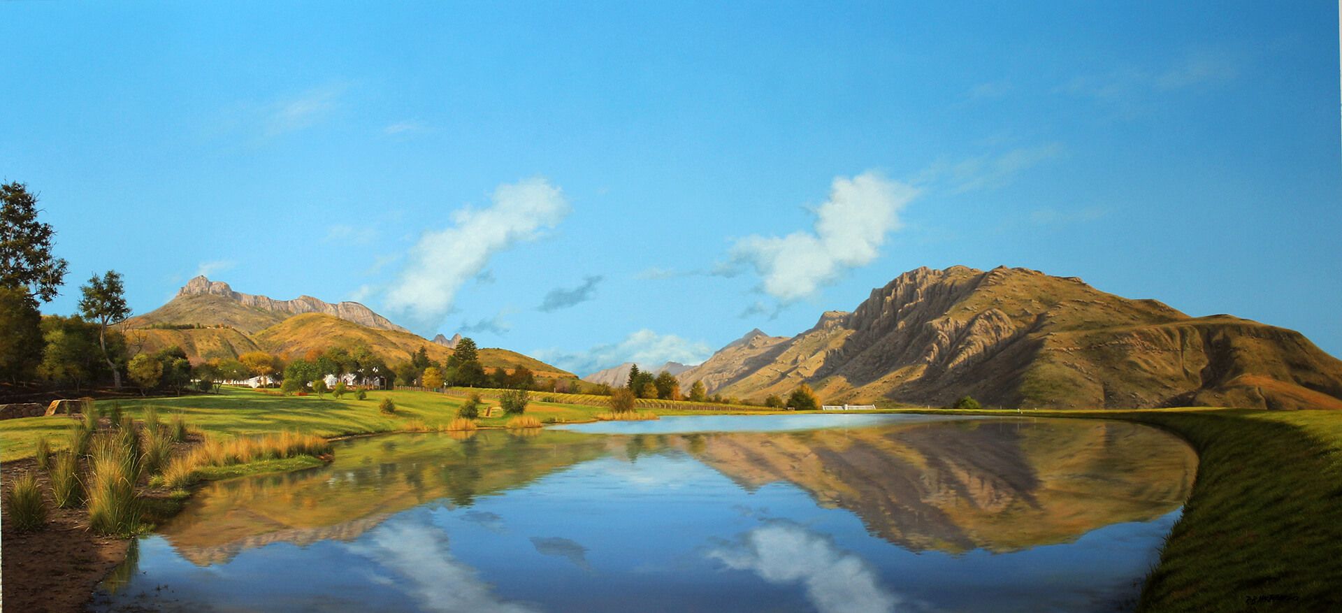 Photorealistic painting of mountains mirrored by a lake
