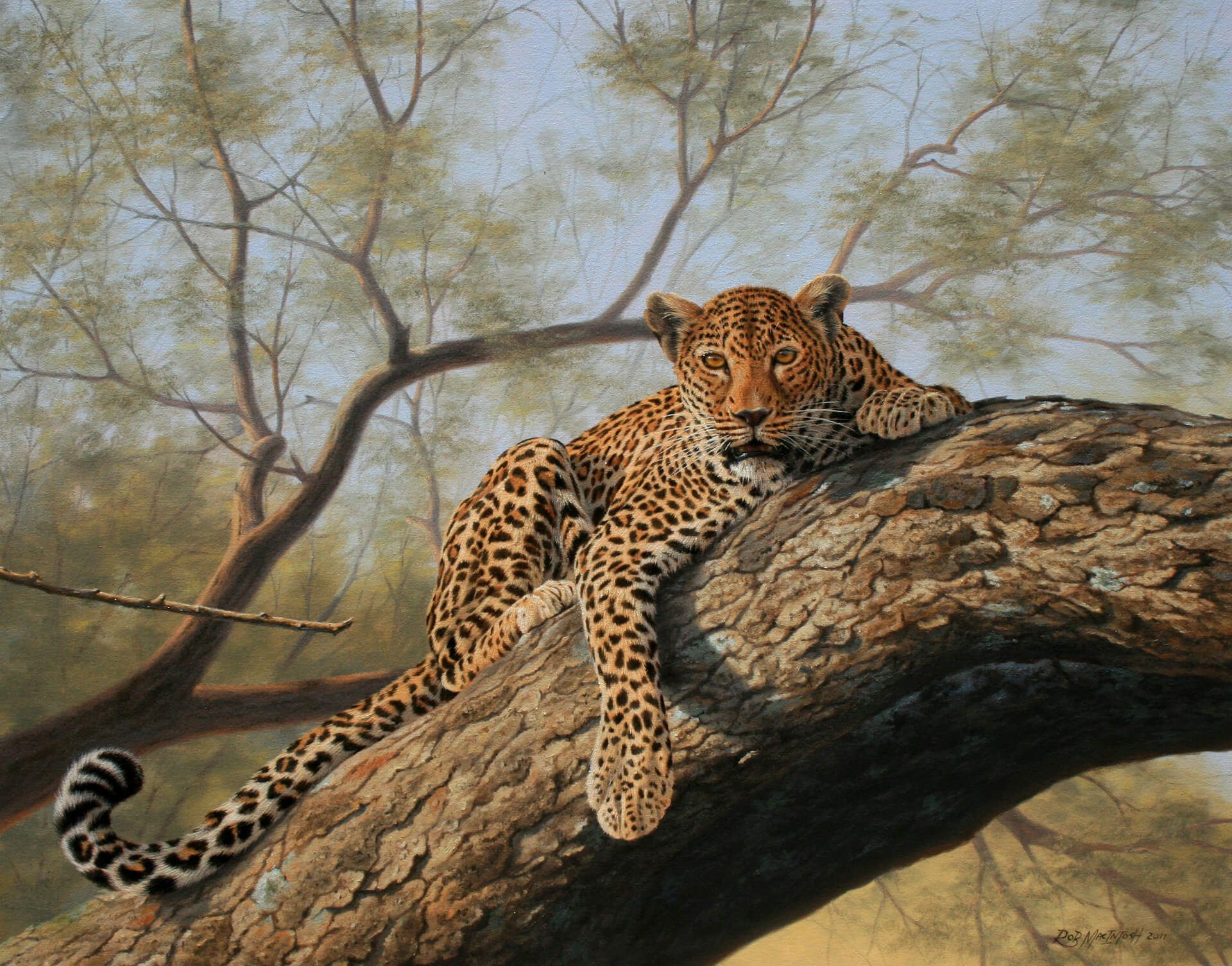 Photorealistic painting of a jaguar perched in tree
