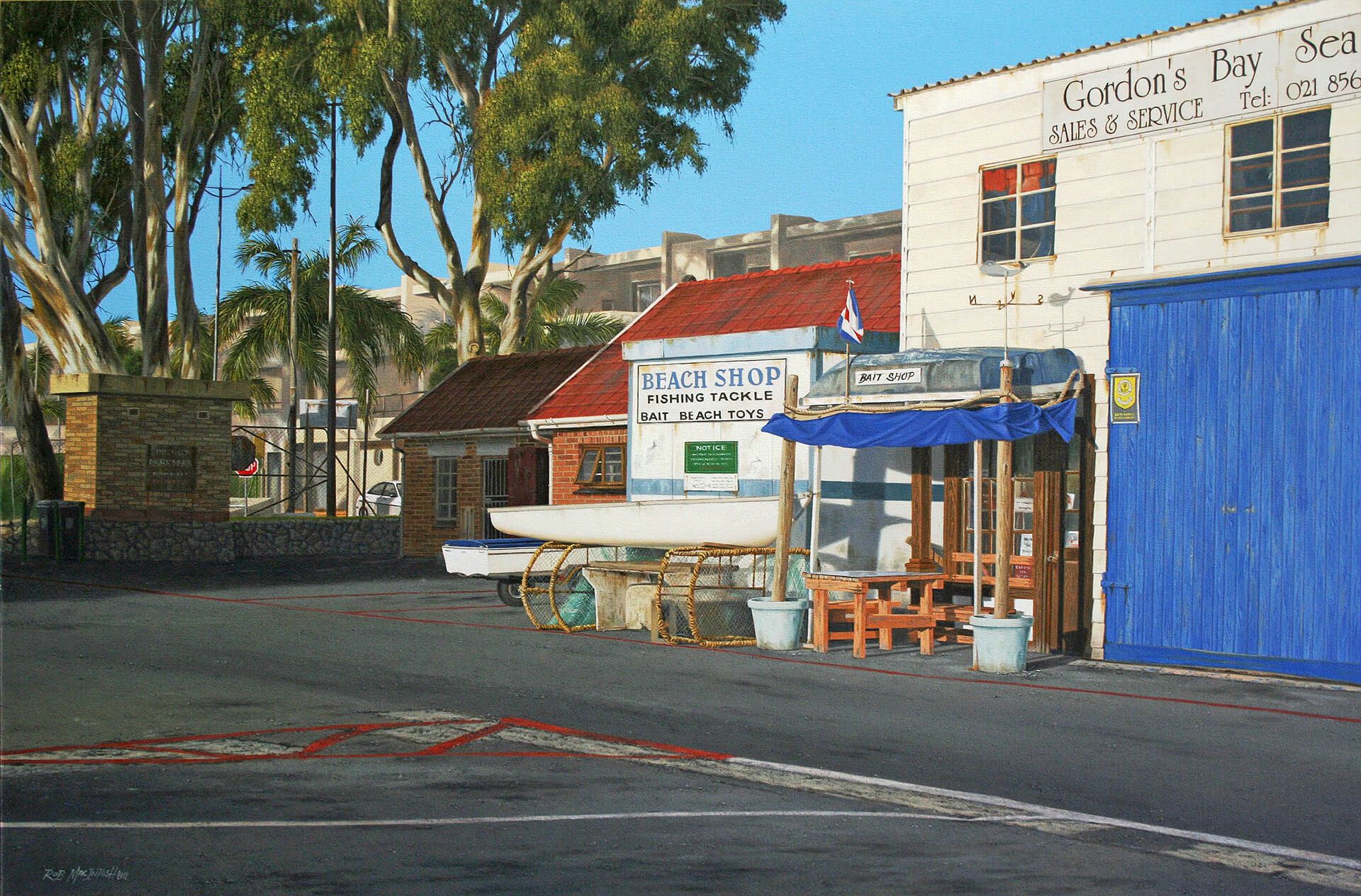 Photorealistic painting of a harbor store