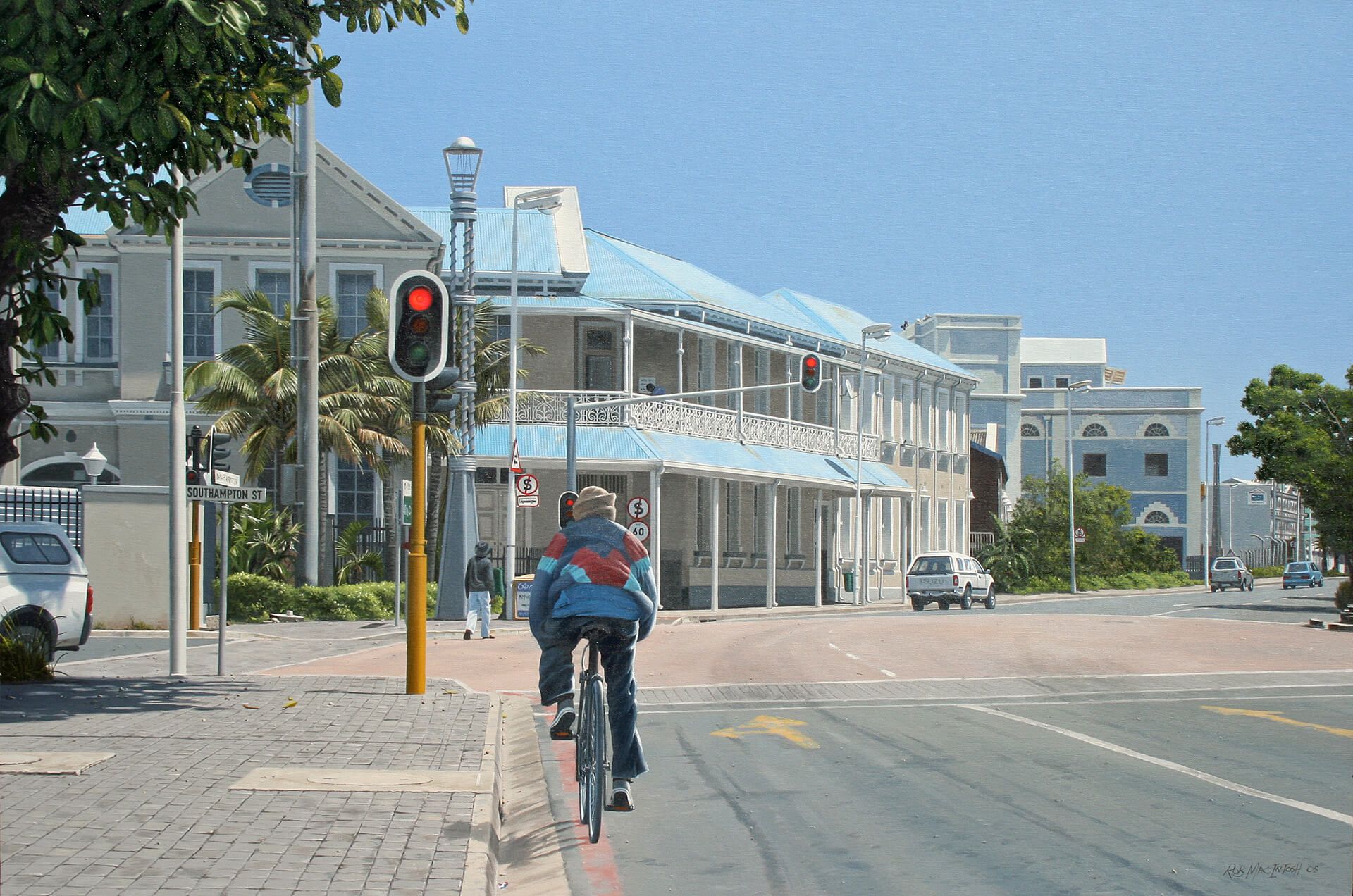 Photorealistic painting of a man cycling through a city street
