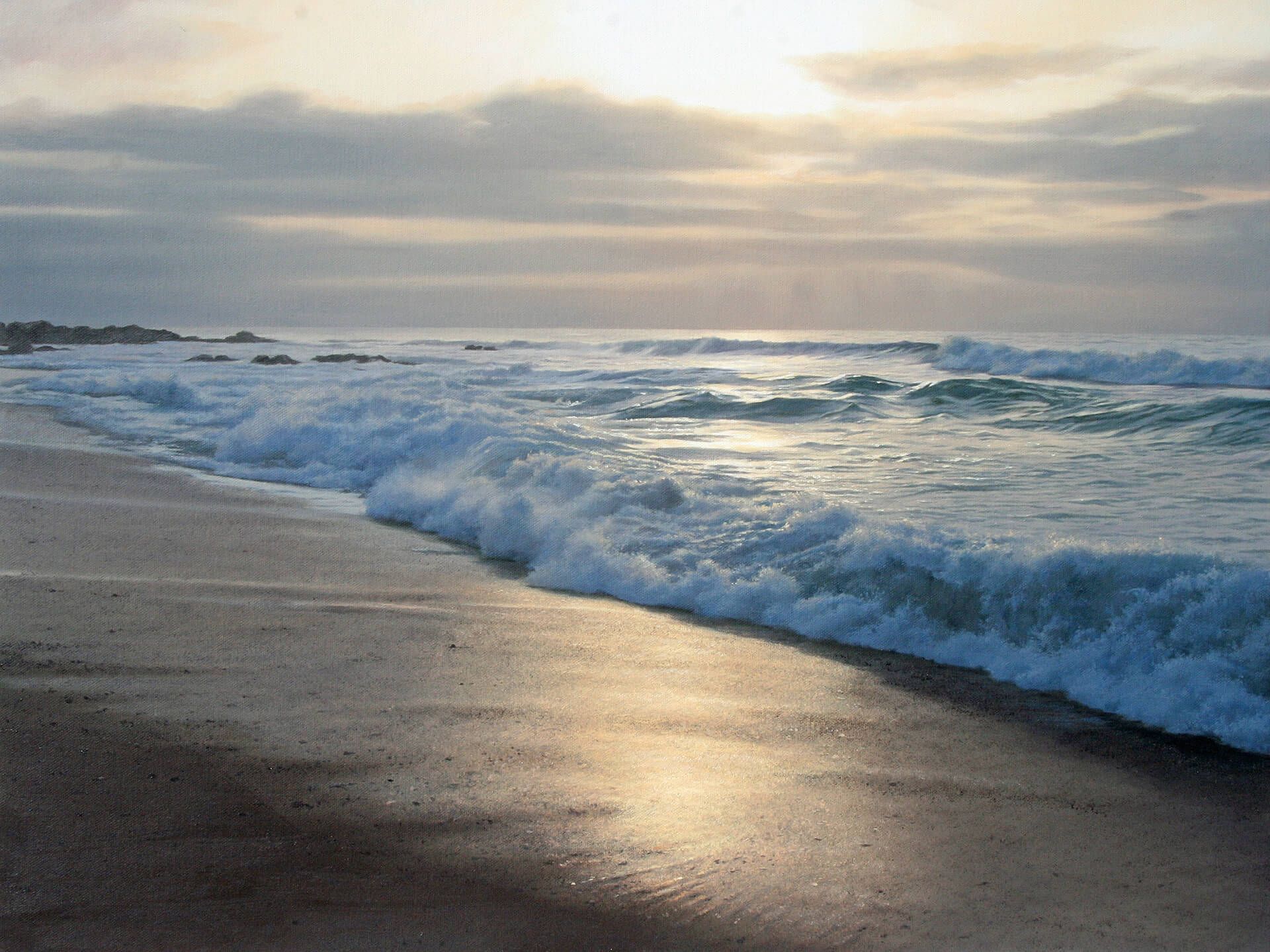 Photorealistic painting of golden sunlight shining over a wave on the beach