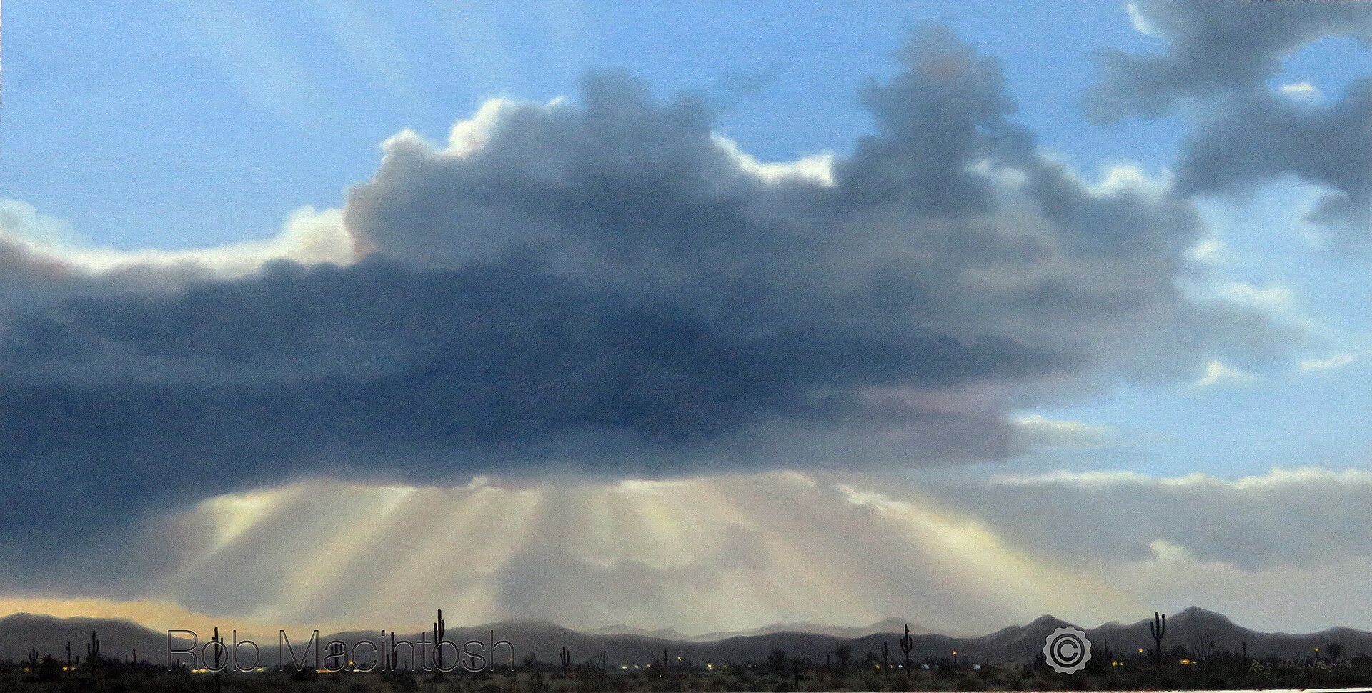 Photorealistic painting of light shining through storm clouds over Tucson