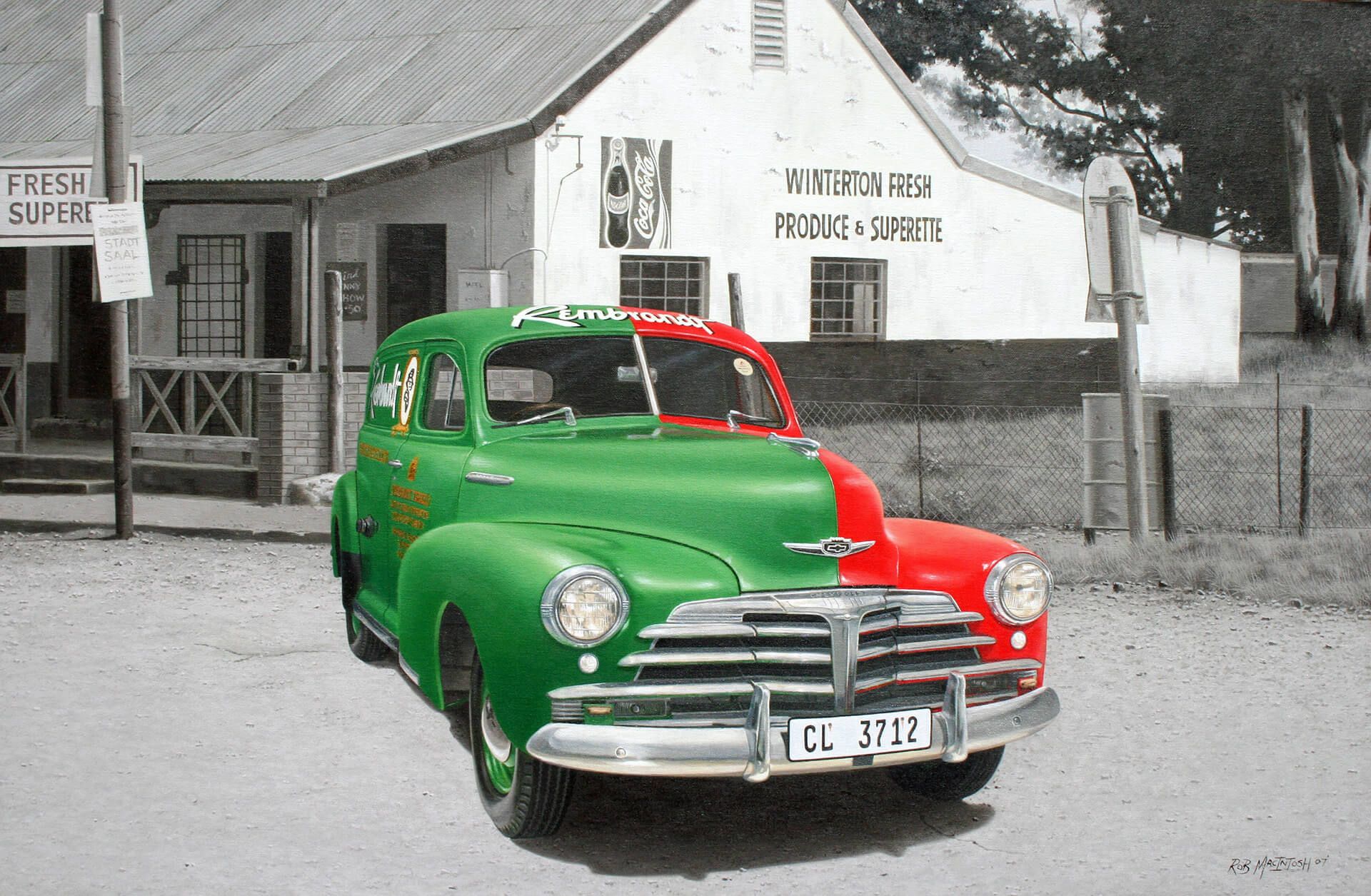 Photorealistic painting of a green and red car on a black and white background