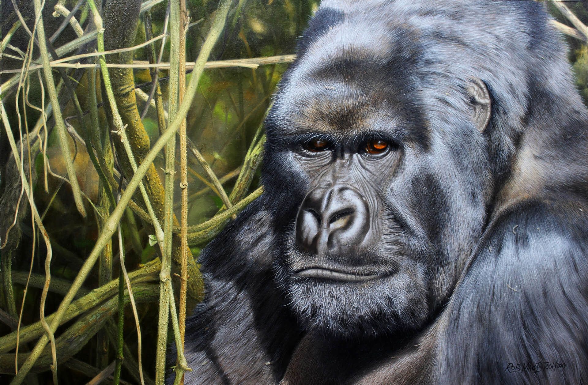 Photorealistic painting of a silverback gorilla