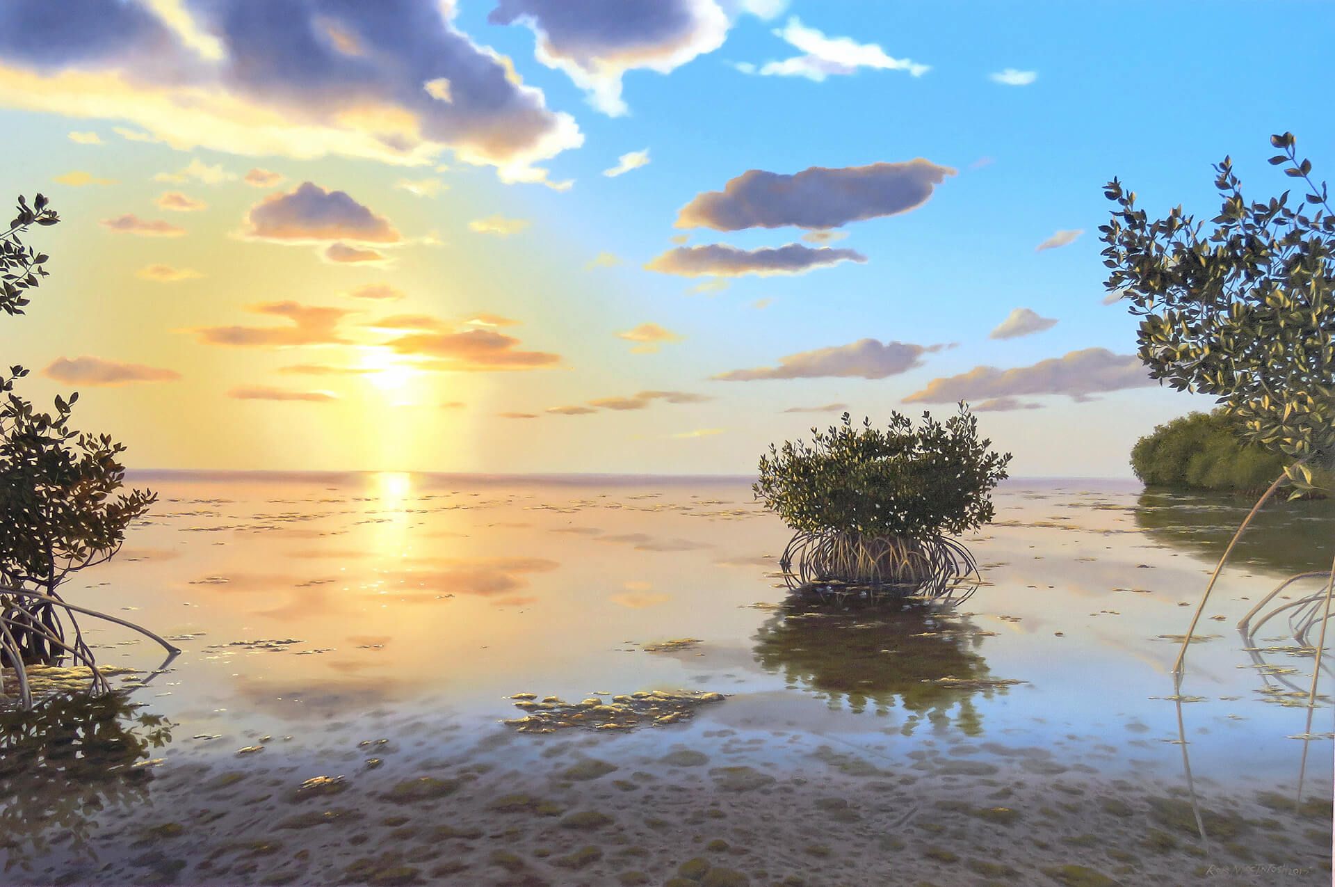 Photorealistic painting of mangroves during a sunset
