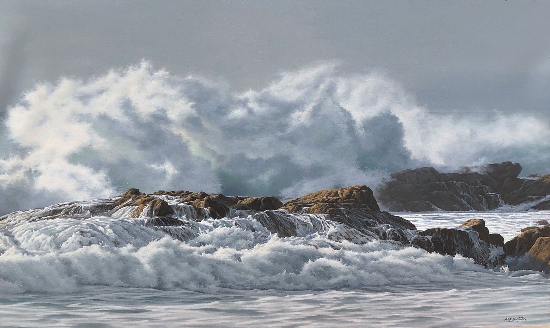 Photorealistic painting of waves crashing against rocks