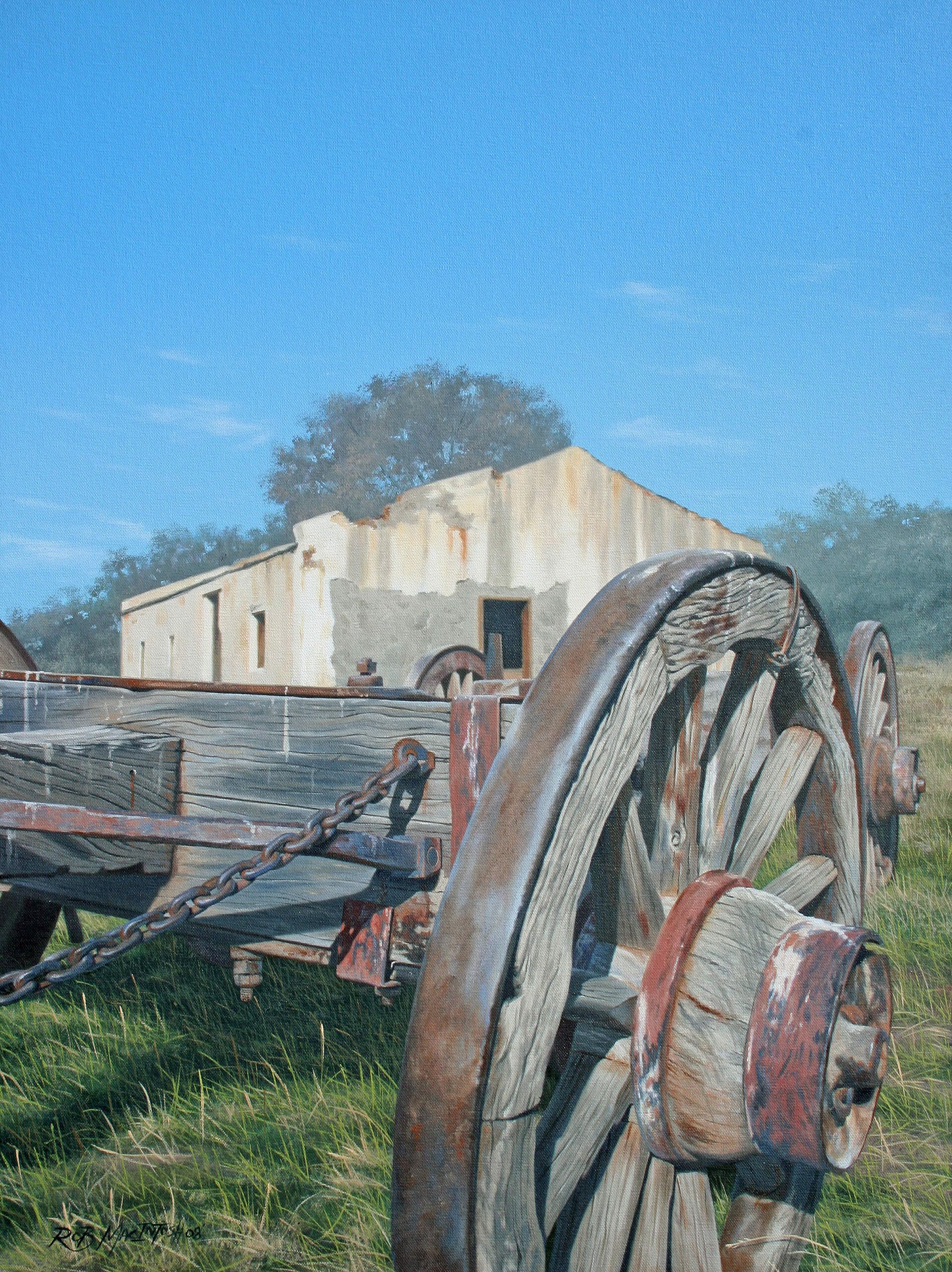 Photorealistic painting of an old wagon in front of an abandoned and decrepit building