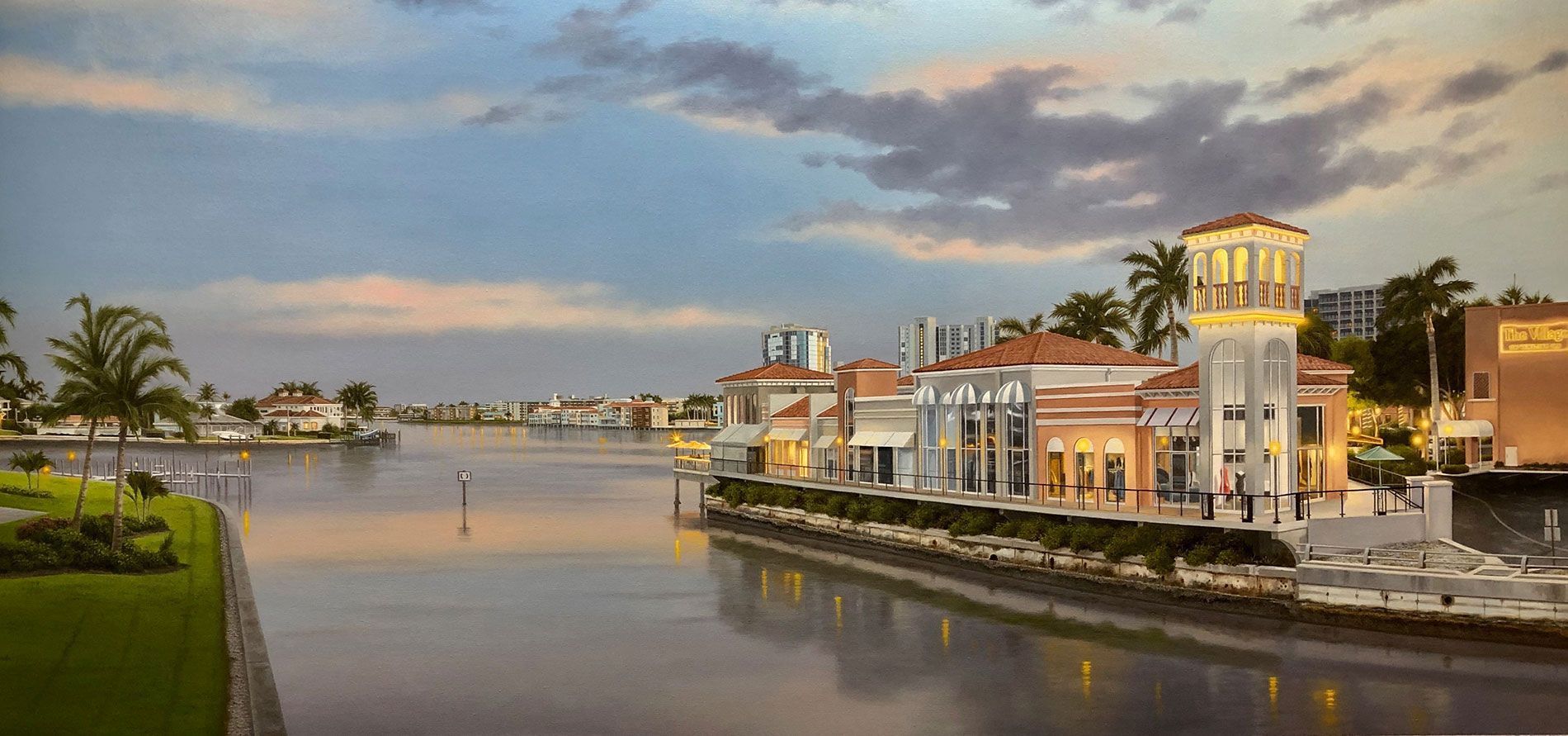 Photorealistic painting of a sunset over the Naples waterways