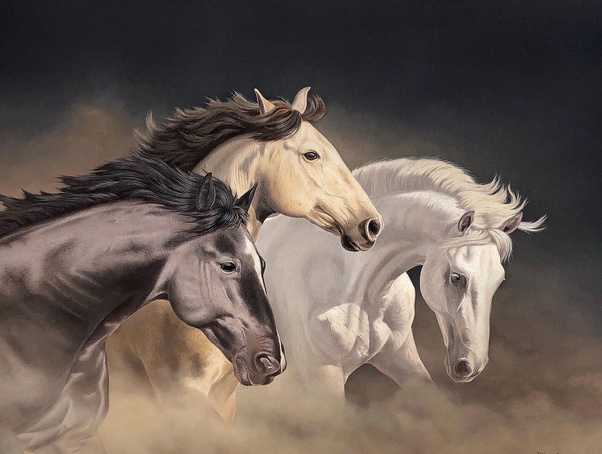 Photorealistic painting of horses galloping