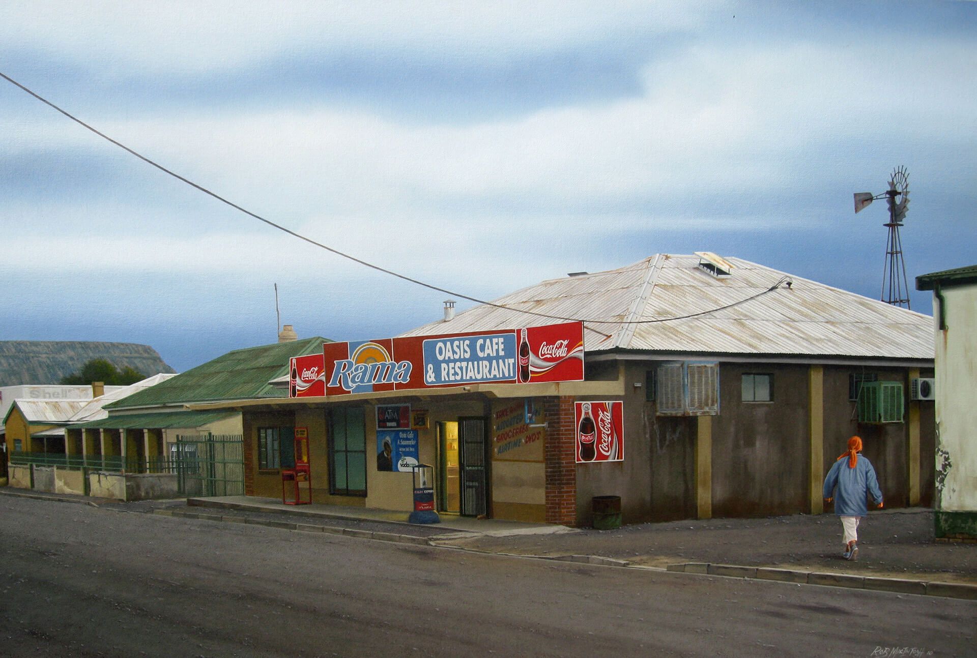 Photorealistic painting of a general store during an overcast day