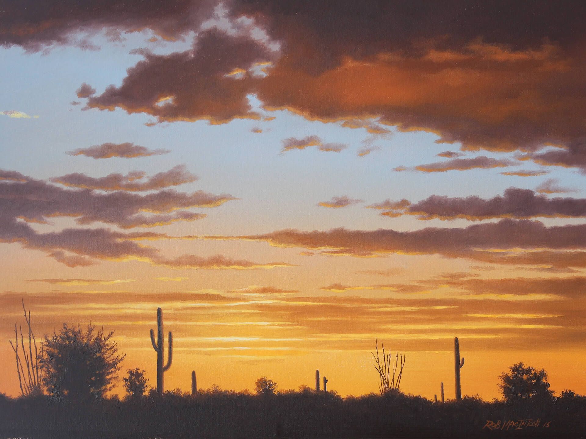 Photorealistic painting of a sunset in Tucson