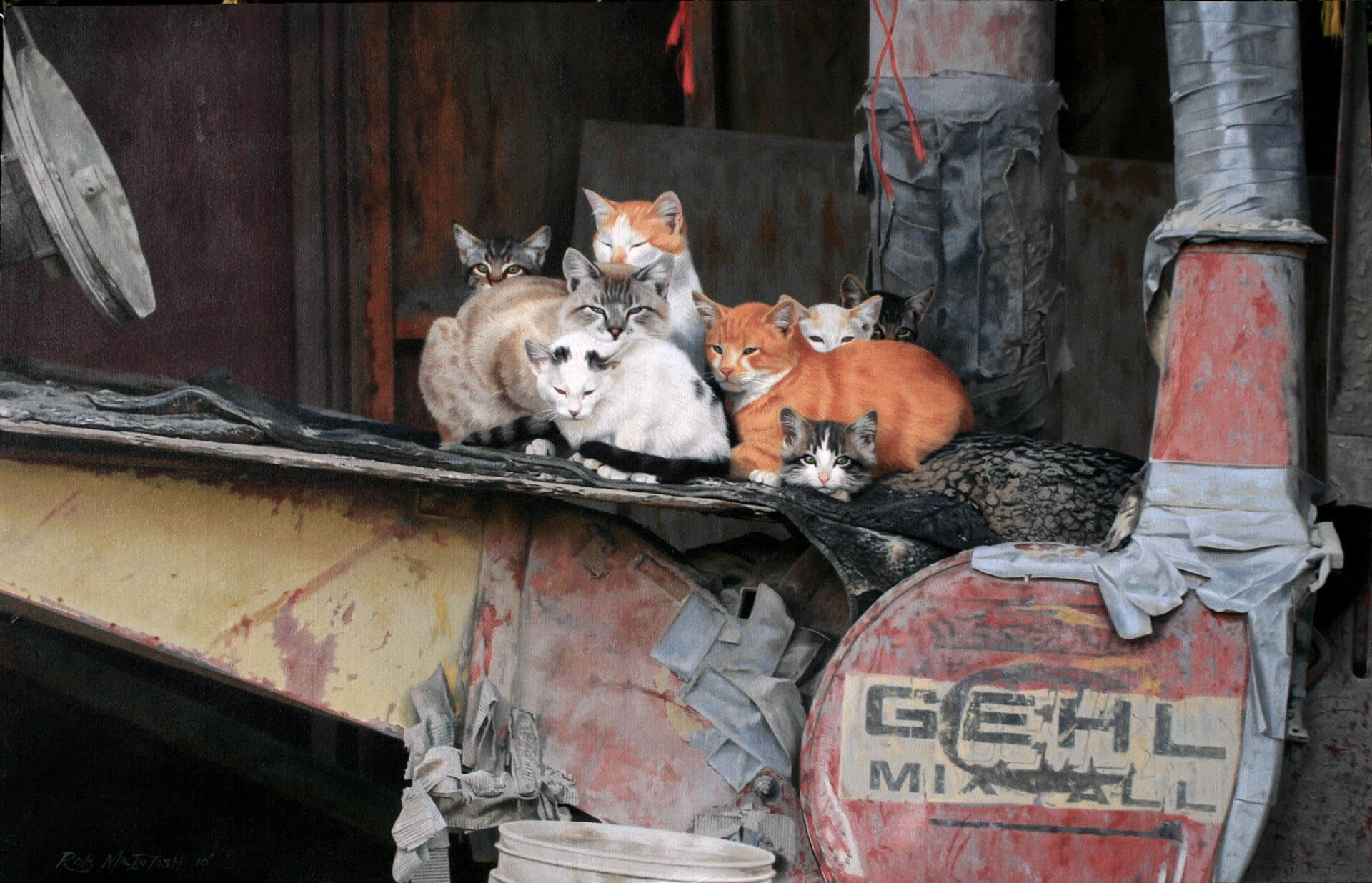 Photorealistic painting of cats in a junk yard