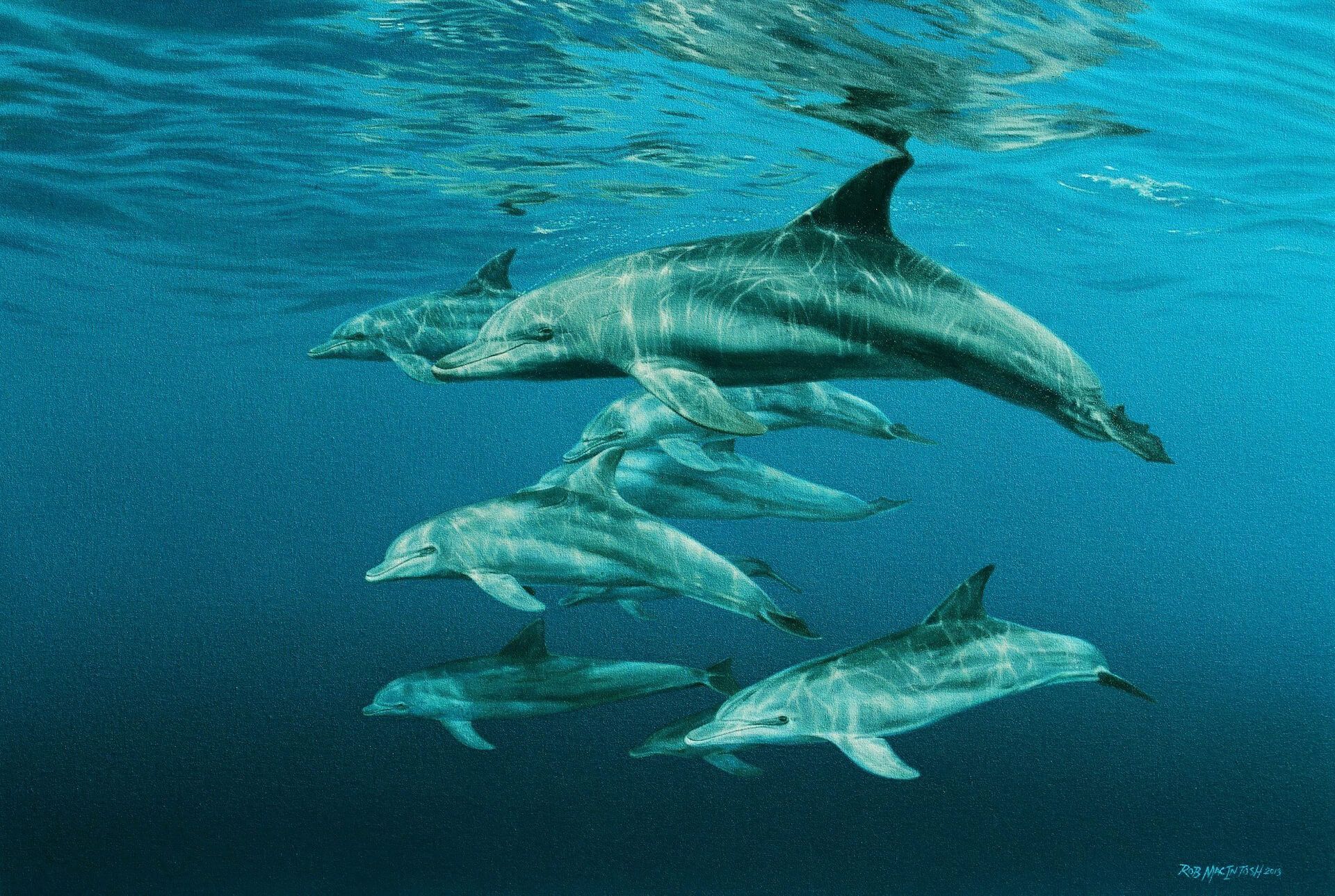 Photorealistic painting of a pod of dolphins