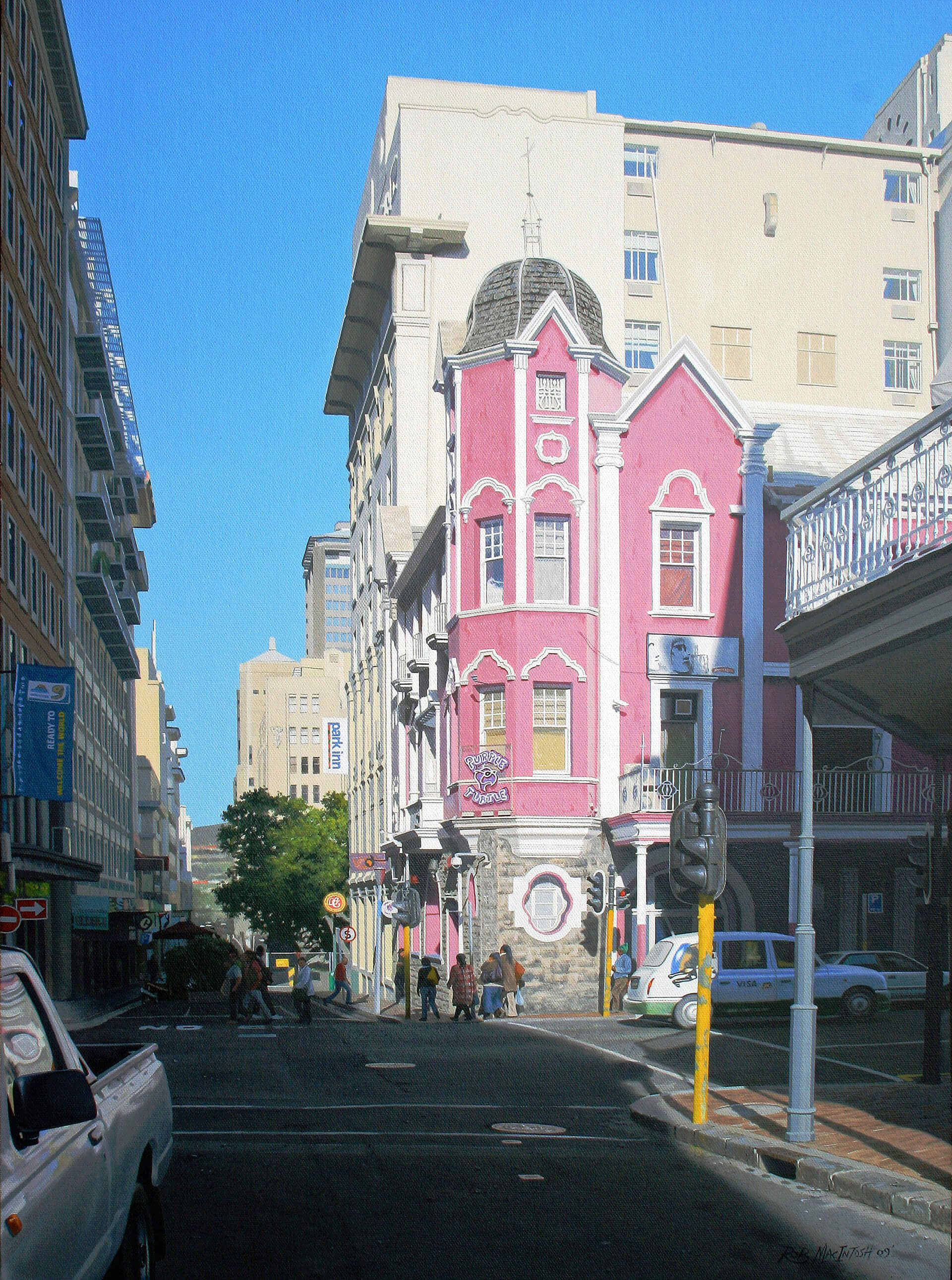 Photorealistic painting of a busy street in a downtown area