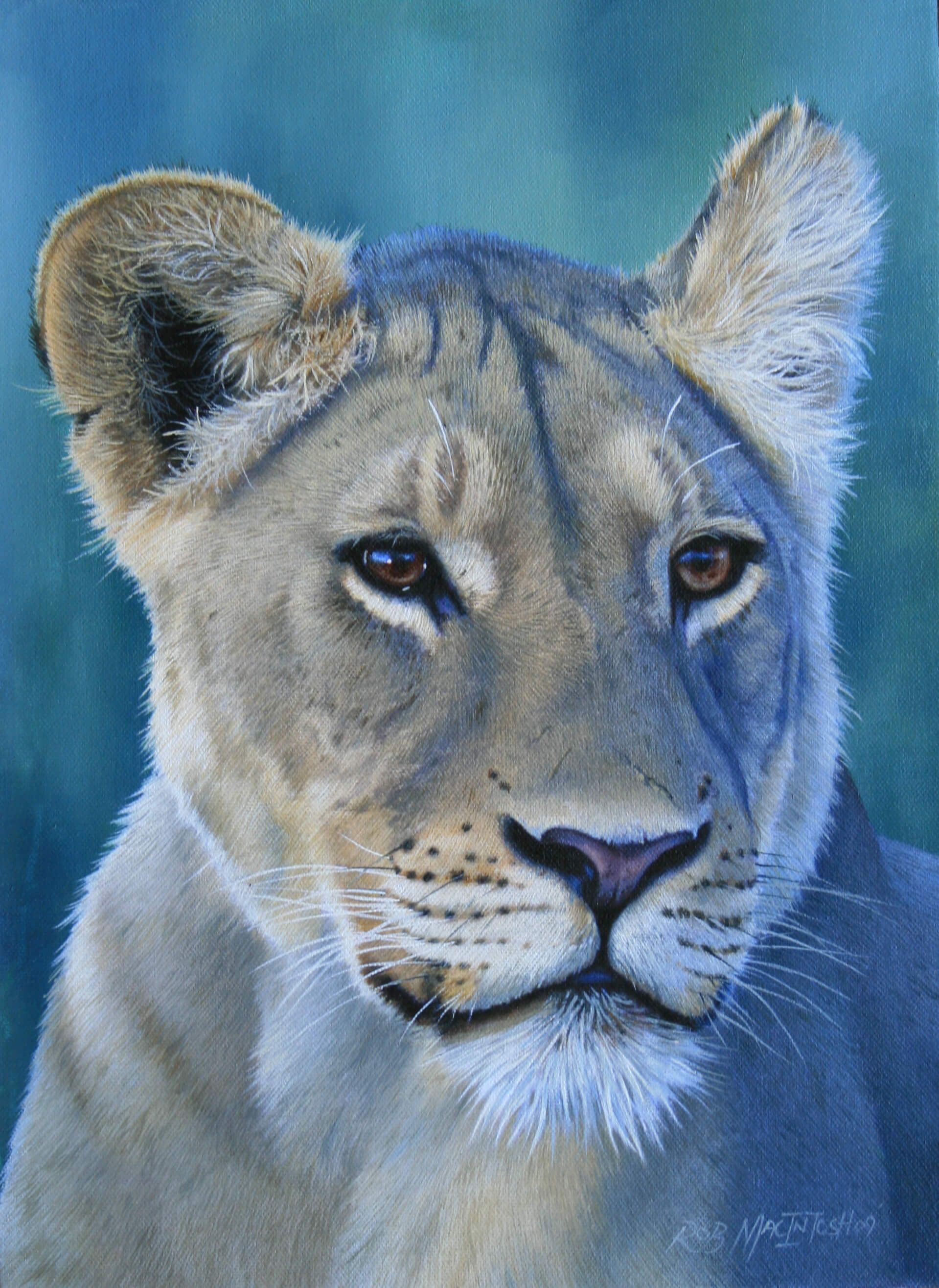 Photorealistic painting of a portrait of a lioness