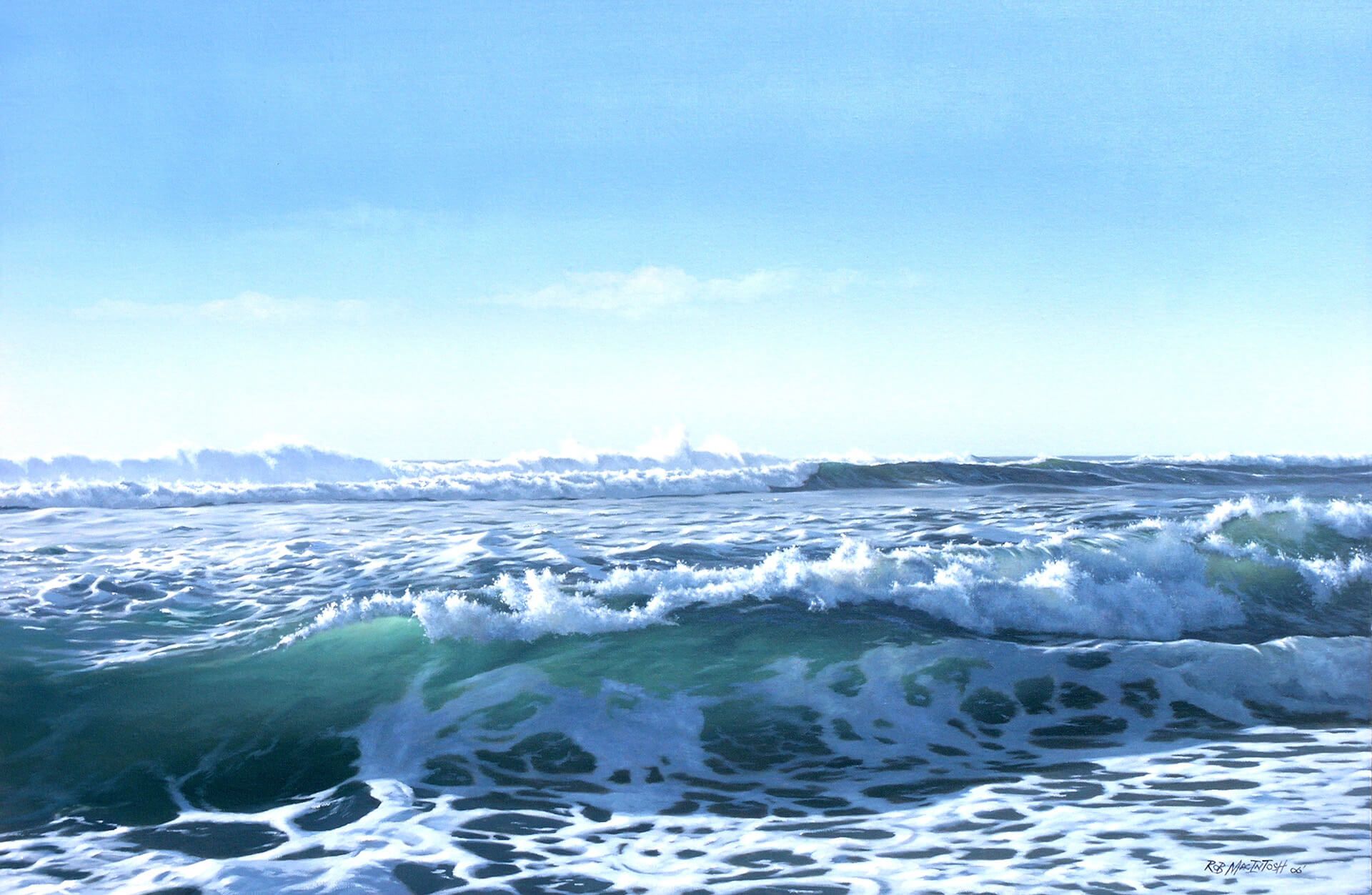 Photorealistic painting of a wave forming just before crashing