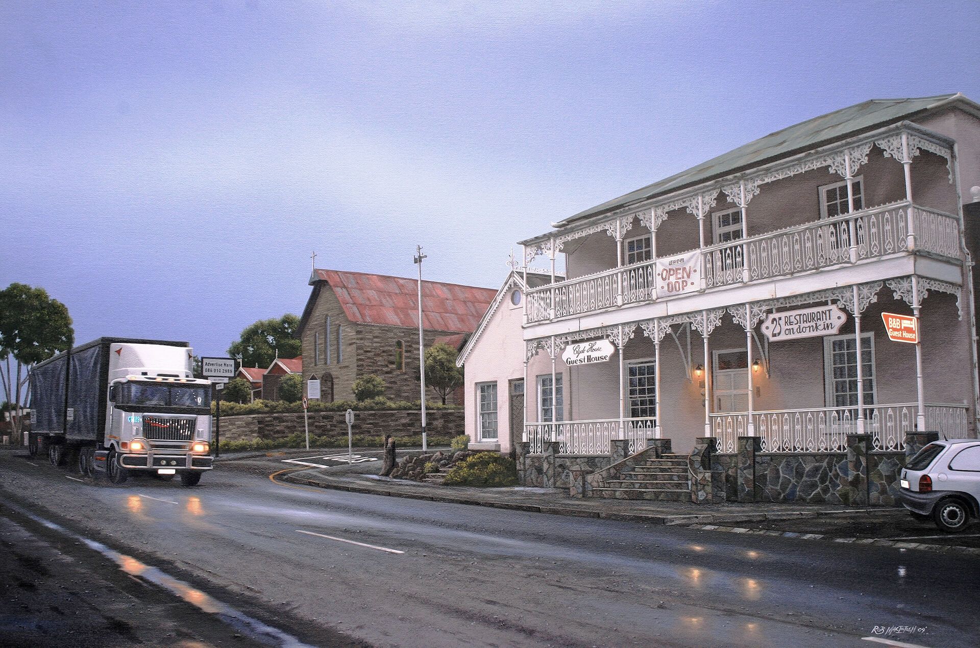 Photorealistic painting of a cafe in early morning before breakfast