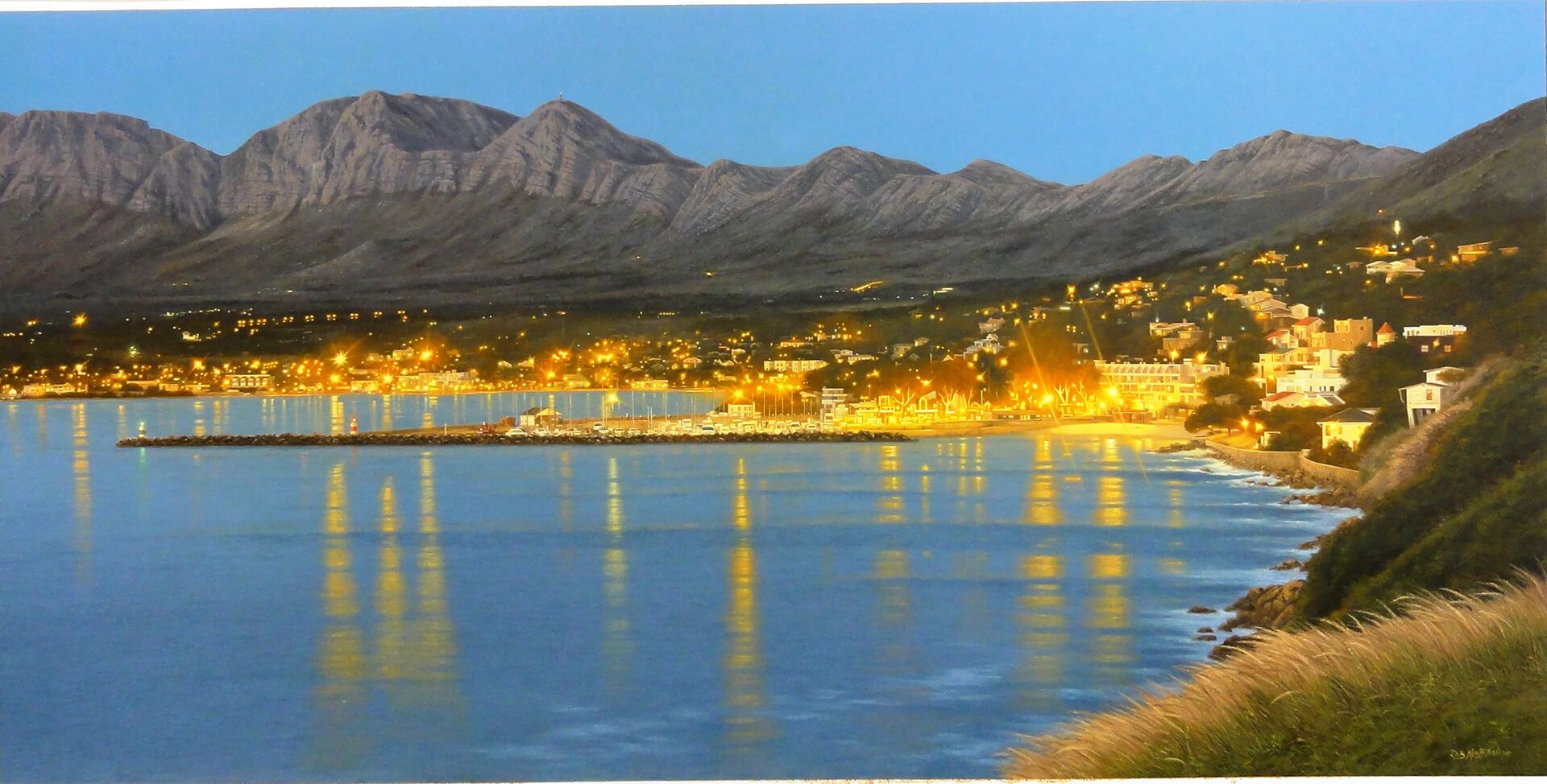 Photorealistic painting of a night scene over Gordon's Bay