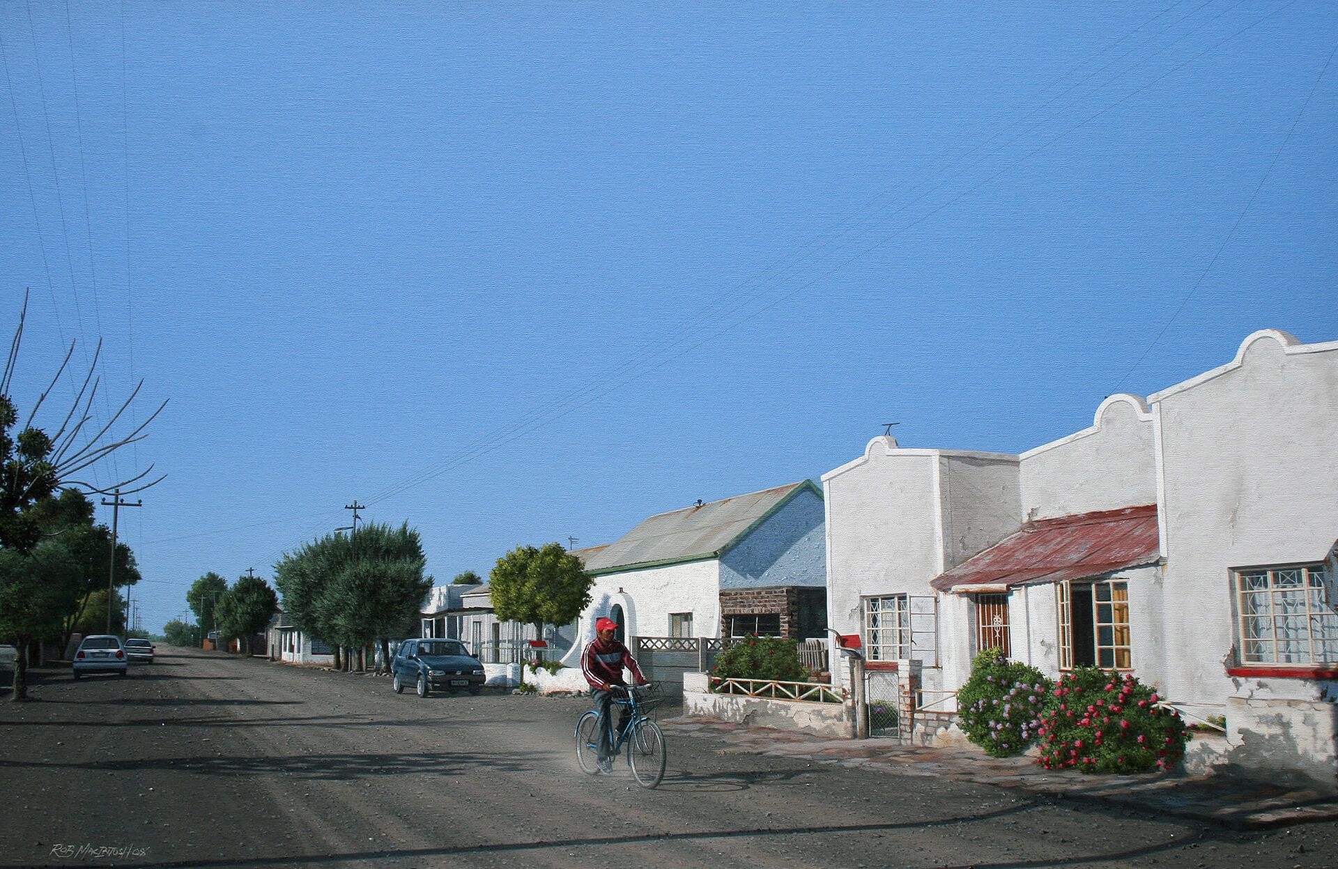 Photorealistic painting of an urban street with cars parked along it