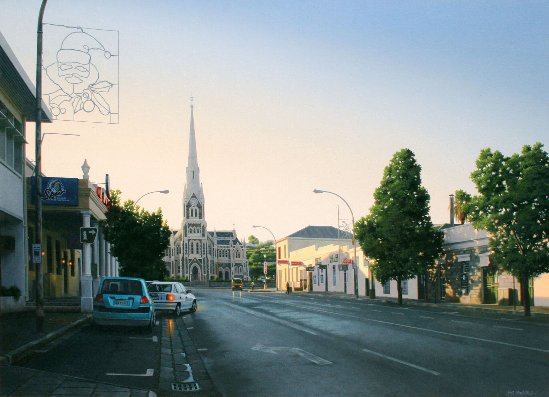 Photorealistic painting of an urban city street with a church in the background