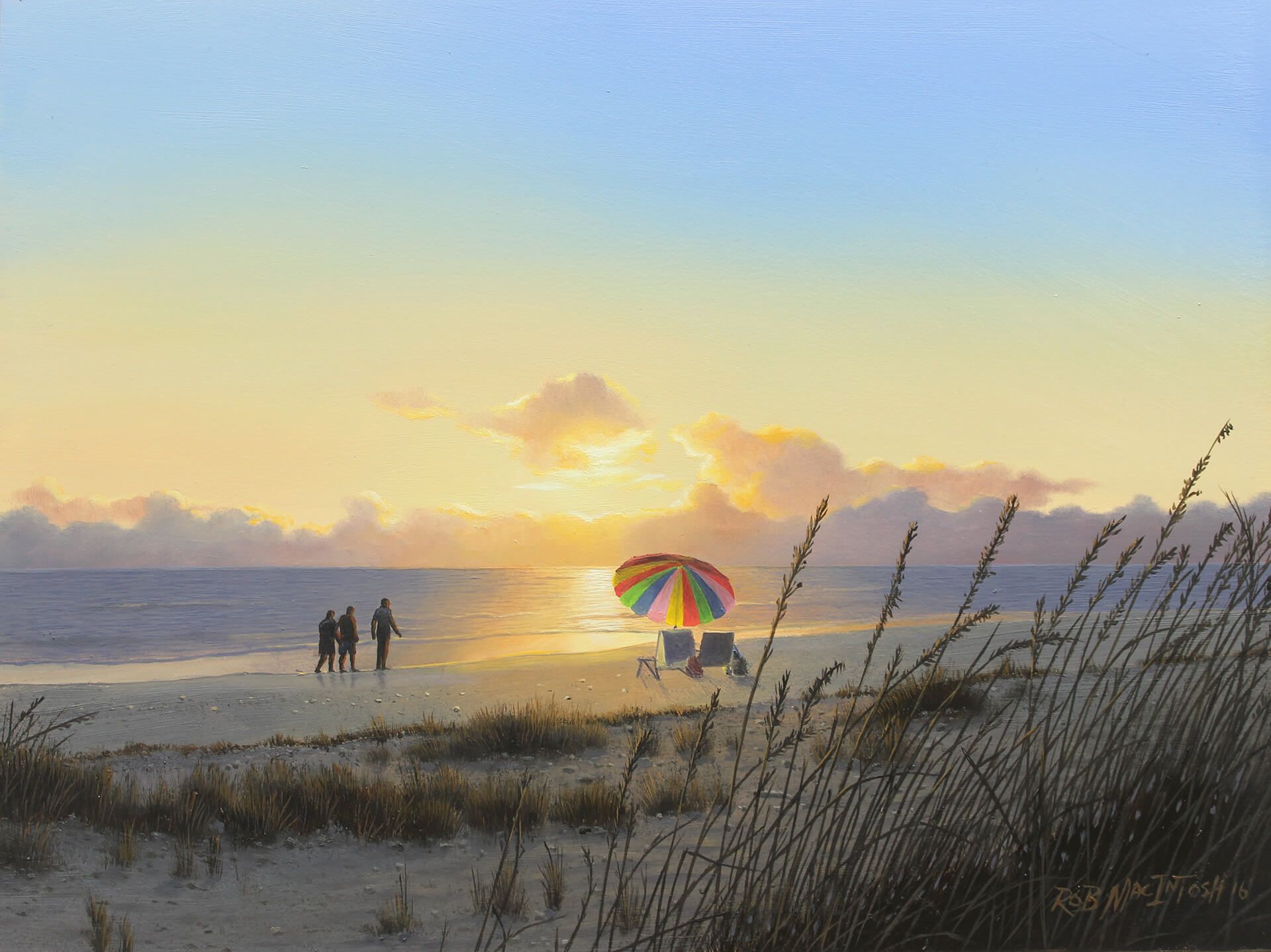 Photorealistic painting of a family enjoying a sunset on a beach