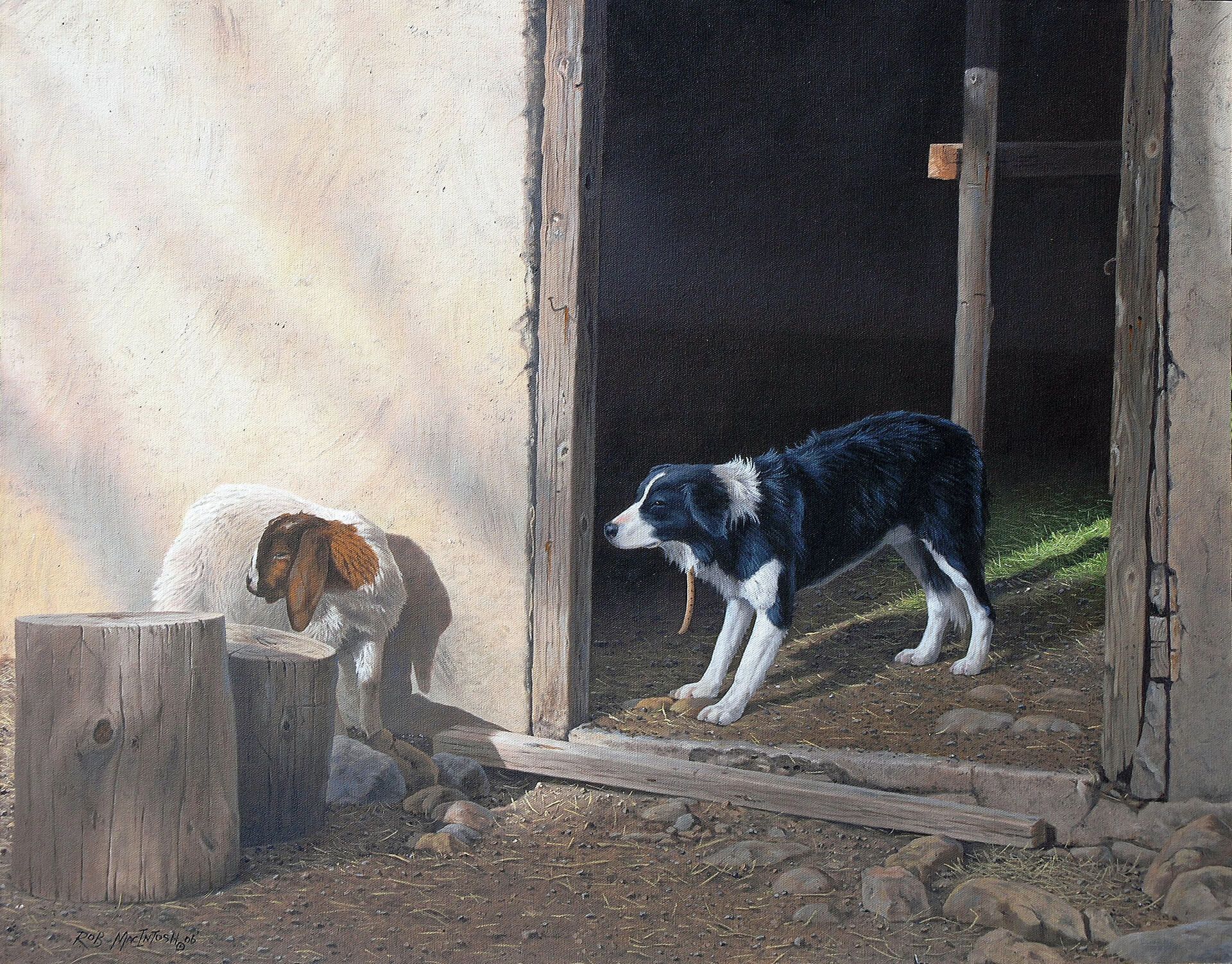 Photorealistic painting of a sheep dog looking out of a barn door at a goat