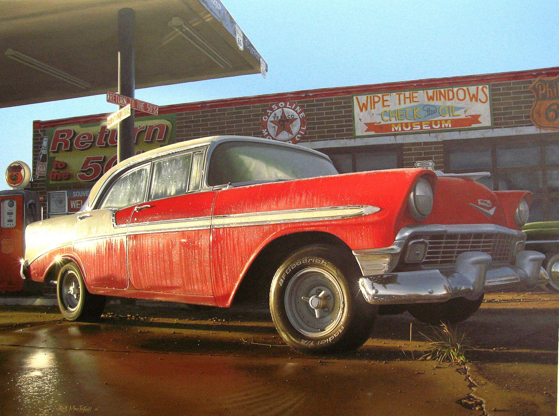 Photorealistic painting of a Chevy on Route 66