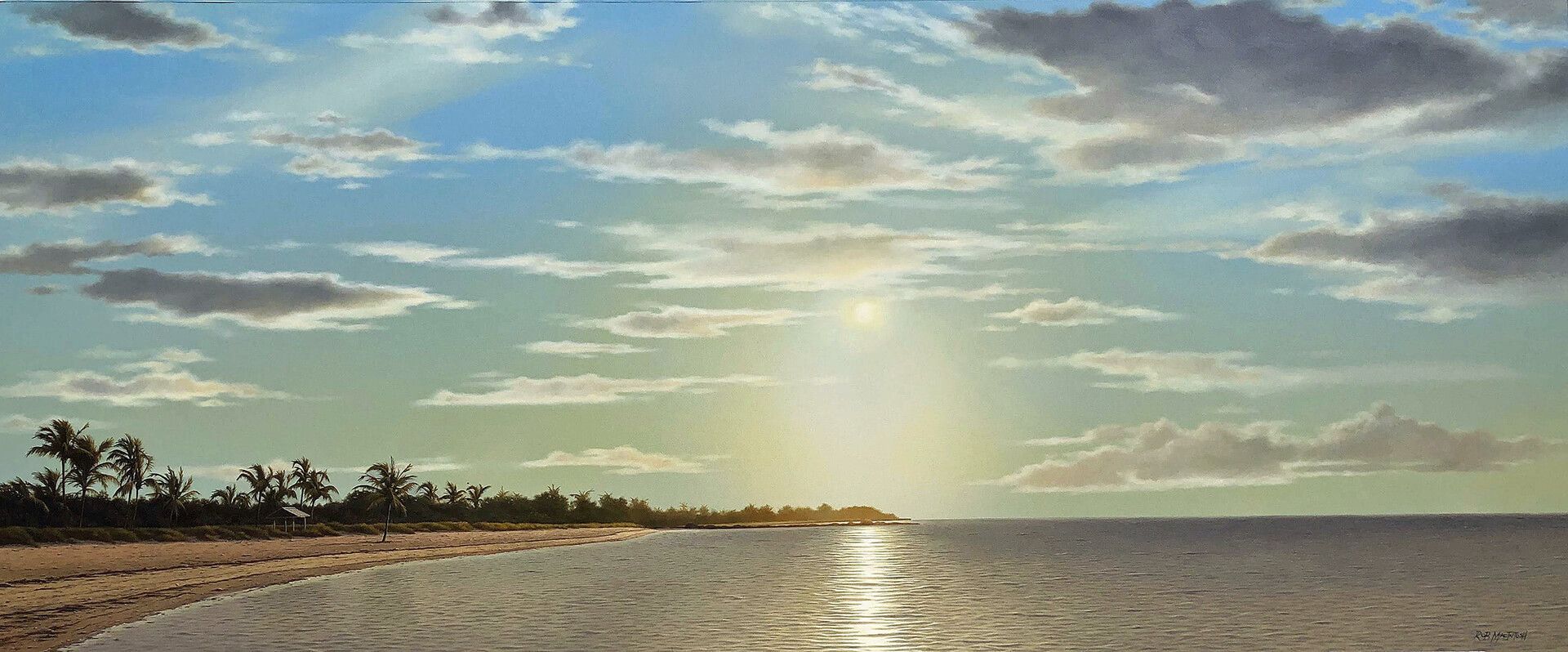 Photorealistic painting of a sunrise over the Florida Keys