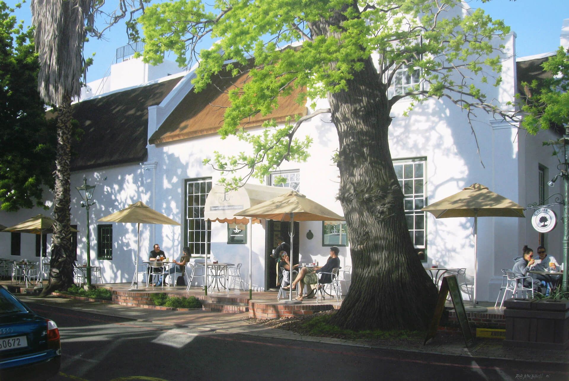 Photorealistic painting of a cafe with people sitting outside