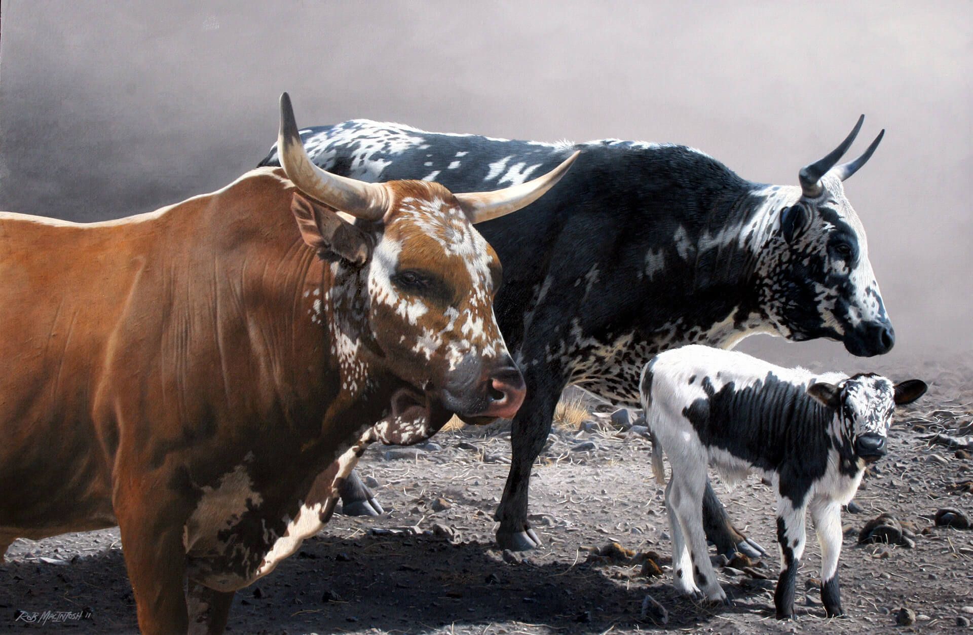 Photorealistic painting of herd of unguni
