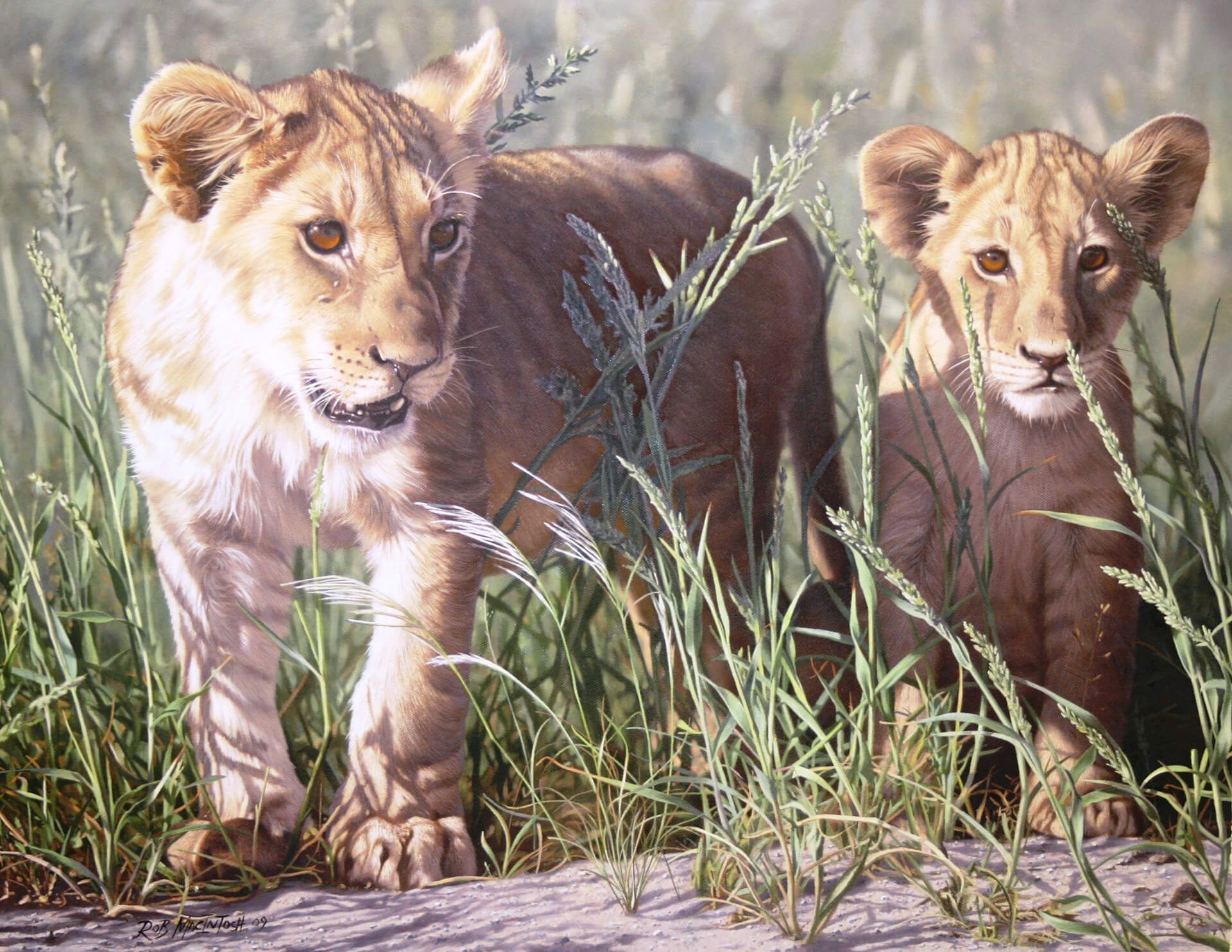 Photorealistic painting of two lion cubs