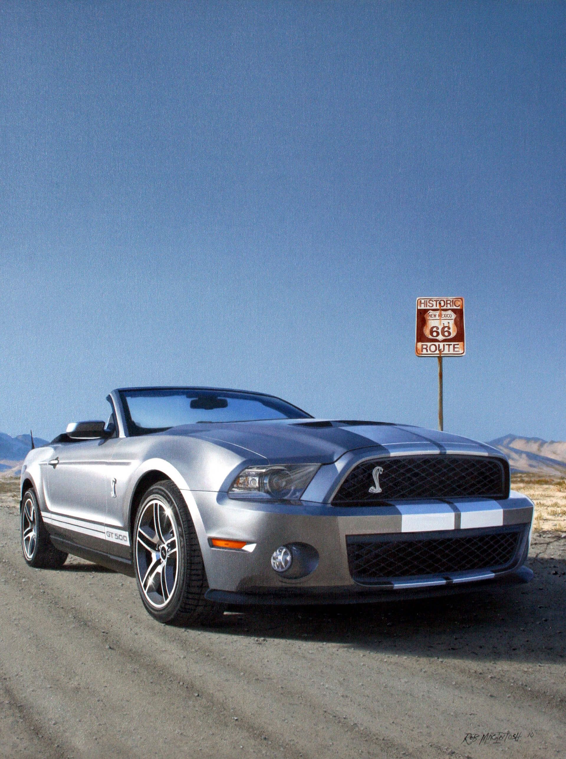 Photorealistic painting of a Shelby GT 500 on Route 66